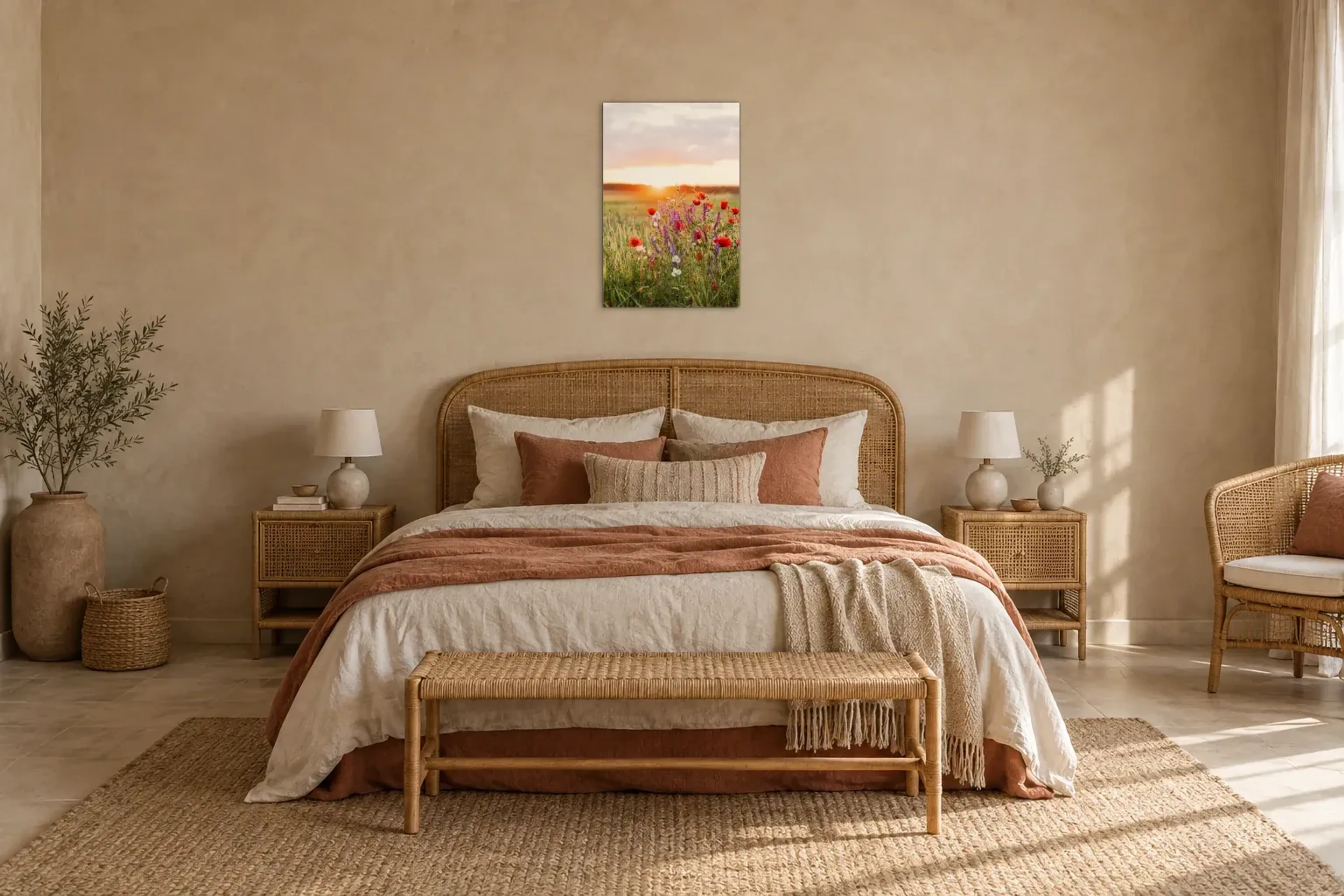 Blumenwiese im Sonnenuntergang als Wandbild über einem 180-cm-Bett