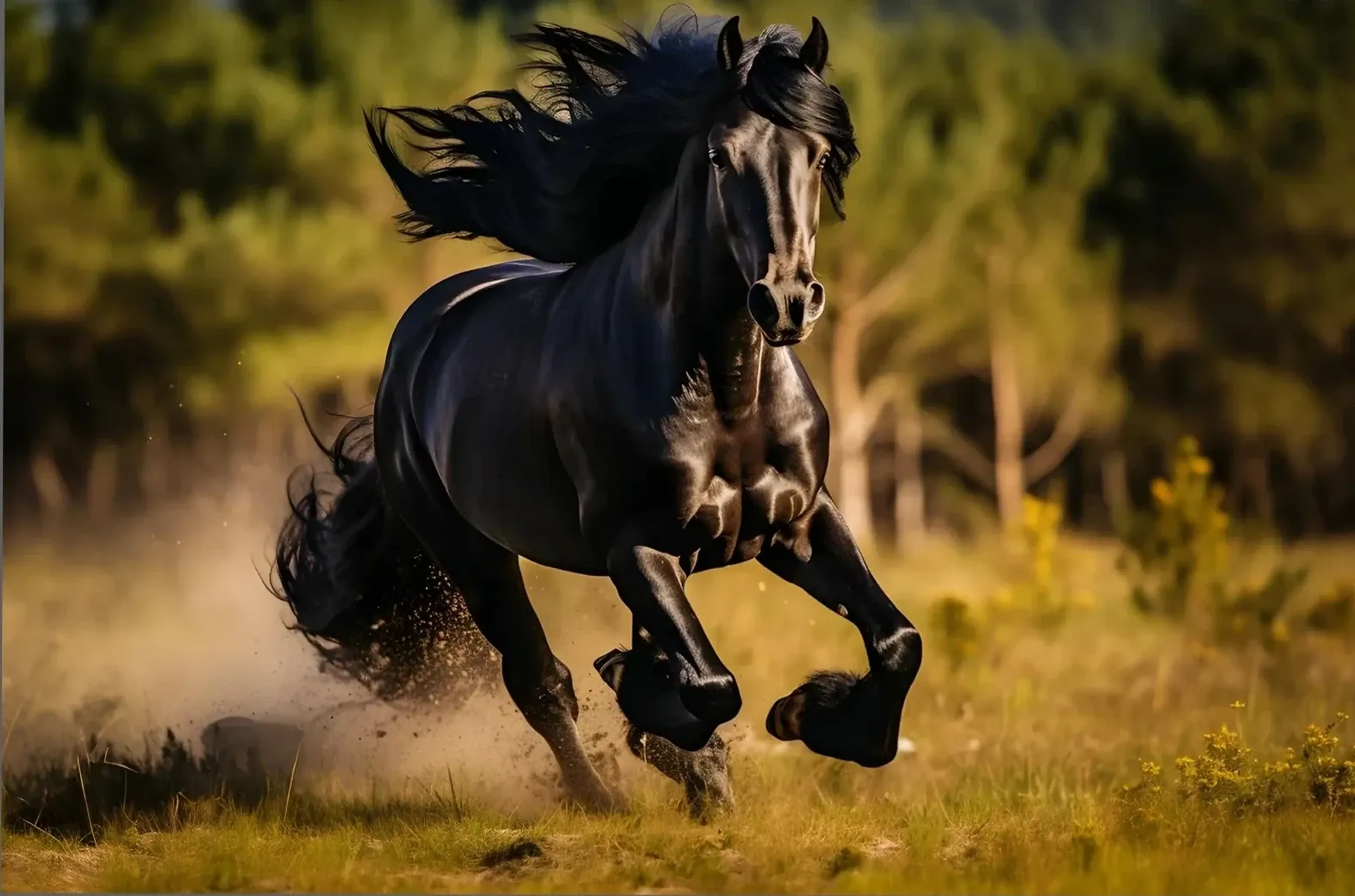 Ein schwarzes Pferd galoppiert mit wehender Mähne und aufgewirbeltem Staub über eine sonnige Wiese.