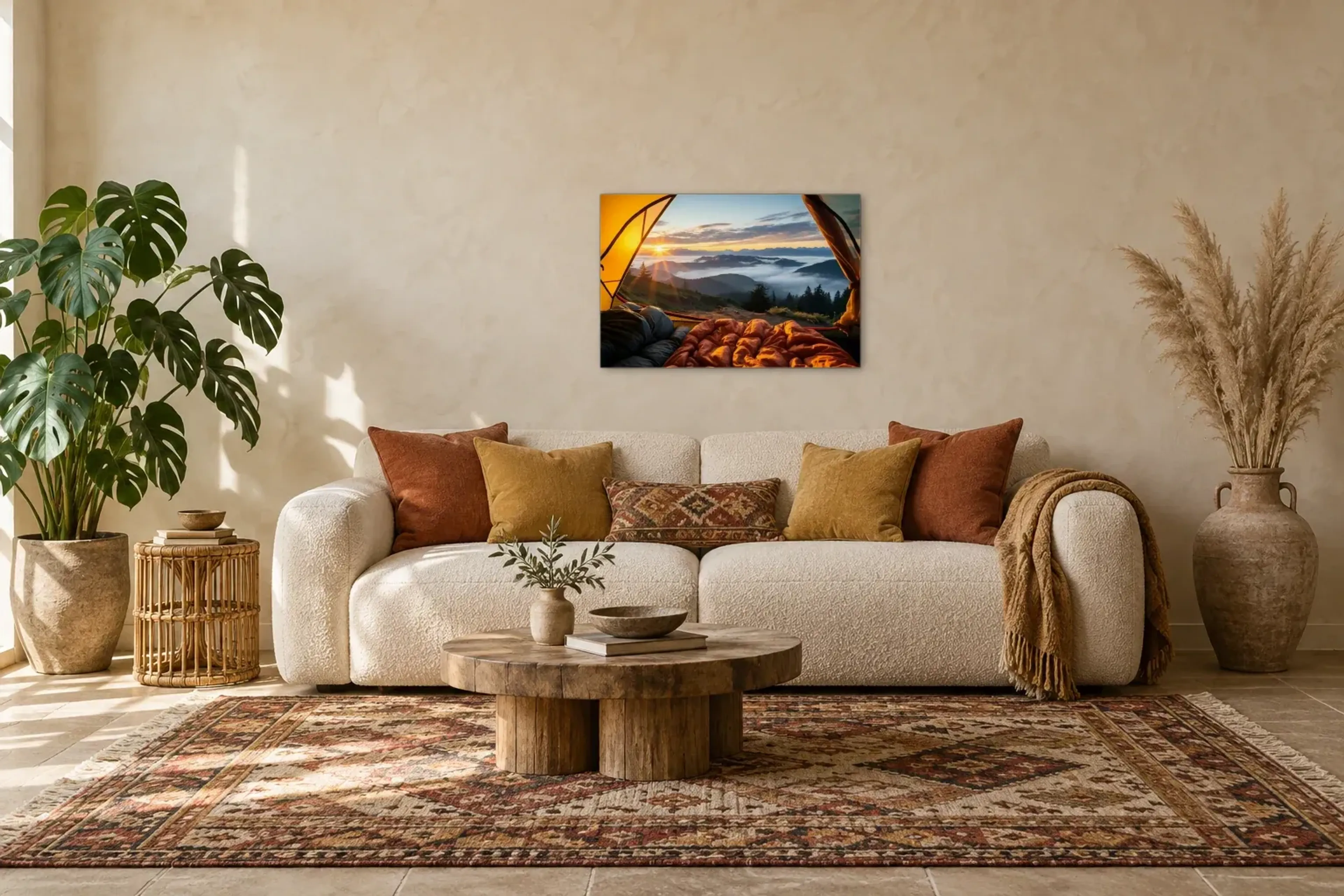Zeltblick als Wandbild über einem 220-cm-Sofa