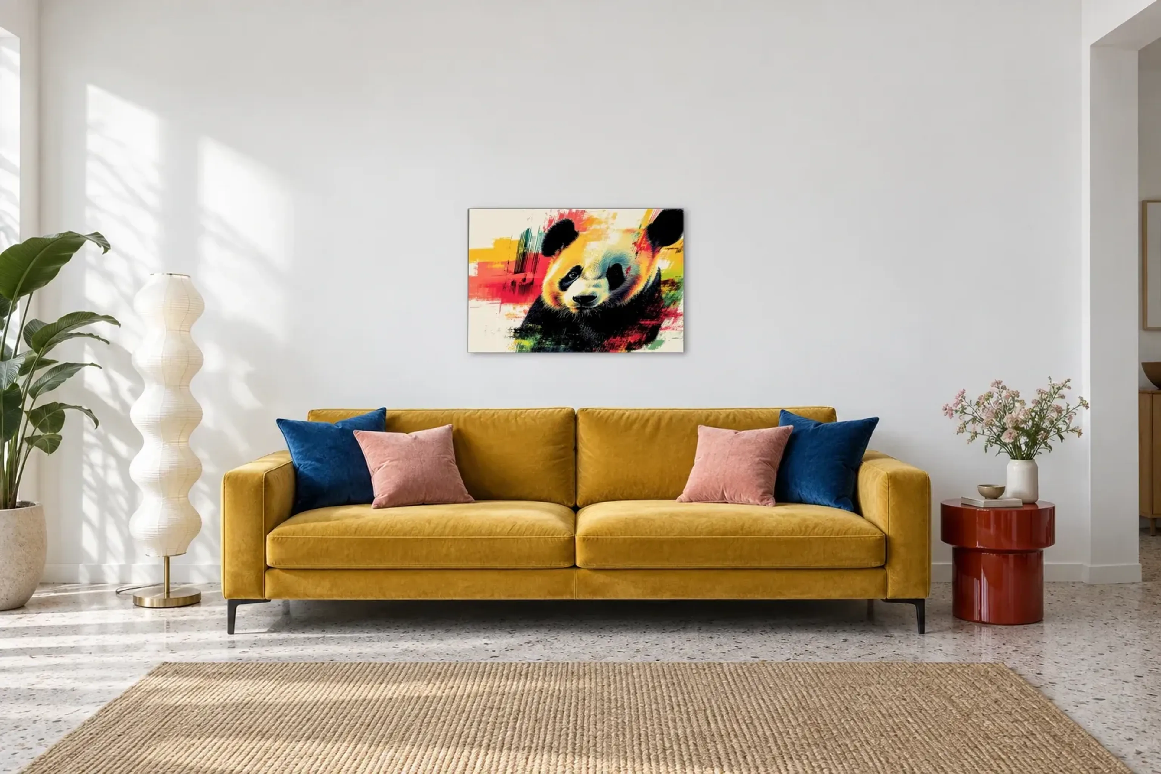 Panda mit Kopfneigung als Wandbild über einem 220-cm-Sofa