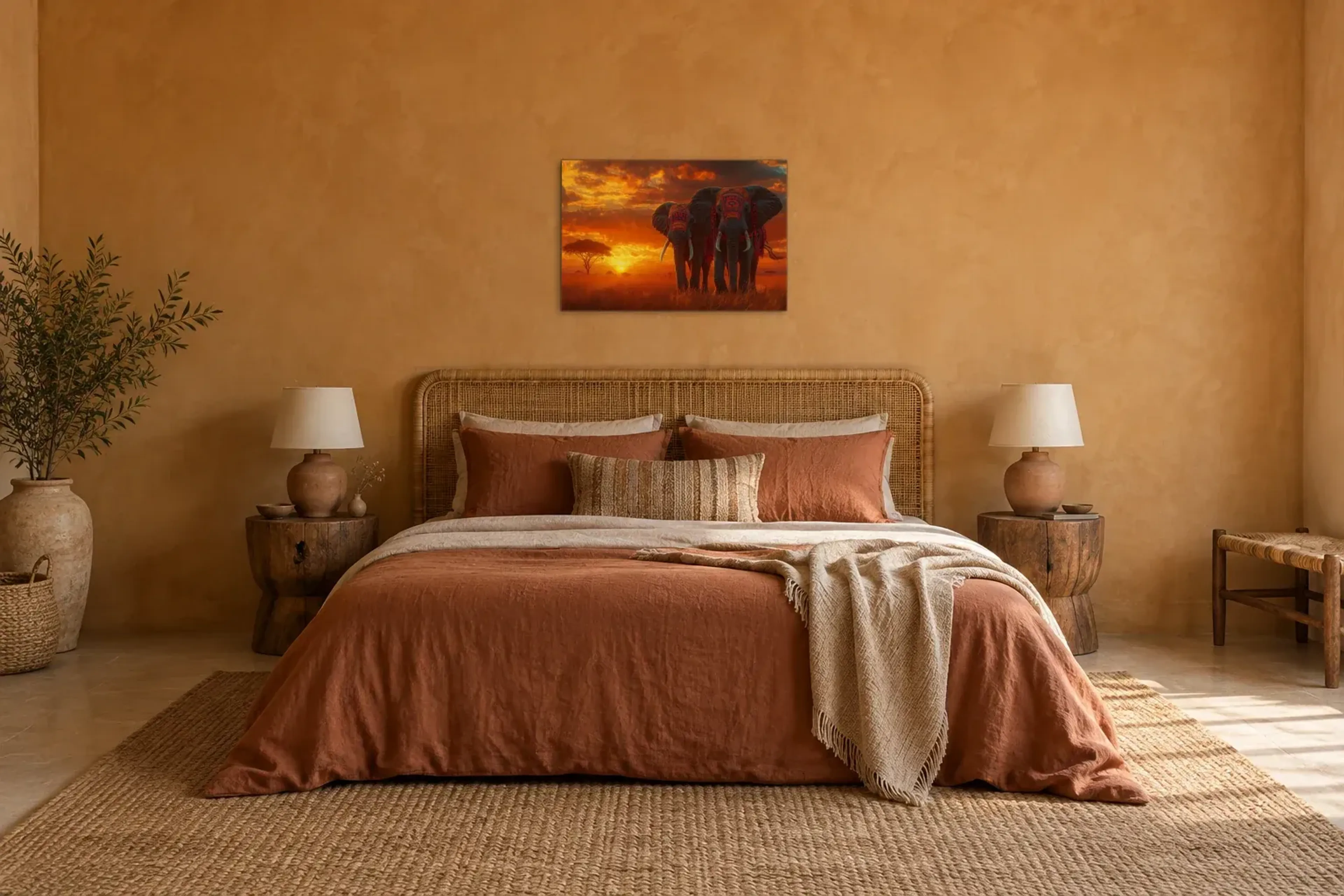Elefantenmarsch als Wandbild über einem 180-cm-Bett