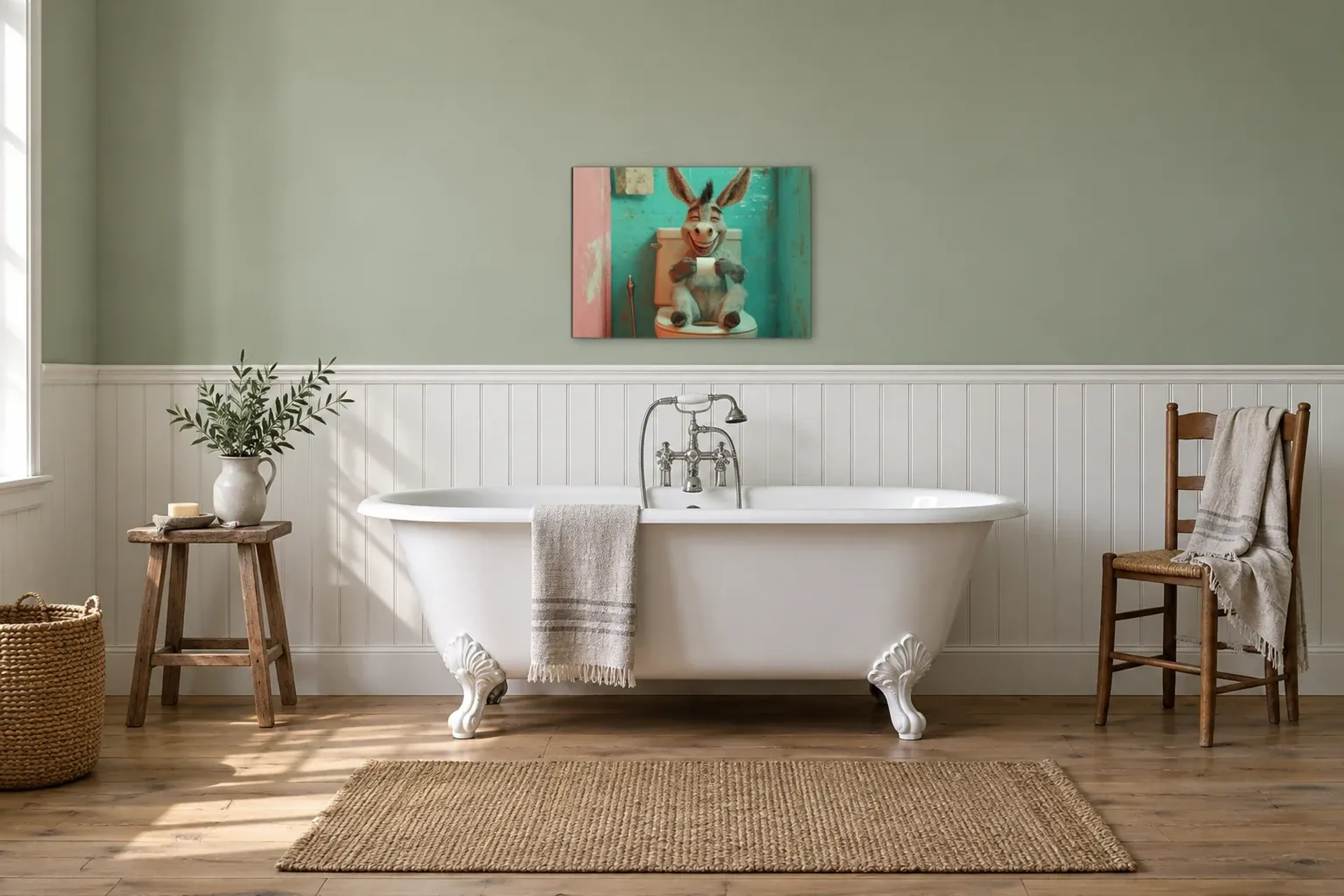 Esel im Türkisbad als Wandbild über einer 170-cm-Badewanne