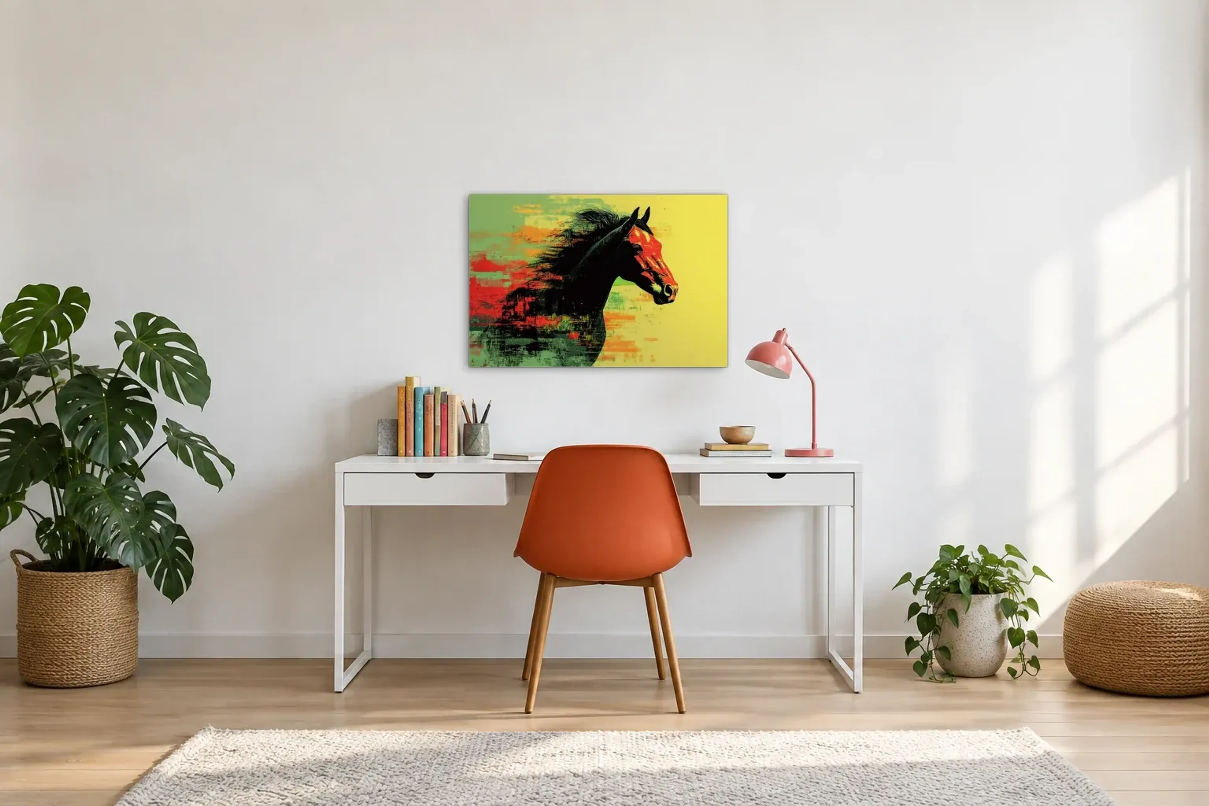 Pferd mit wehender Mähne als Wandbild über einem 140-cm-Schreibtisch