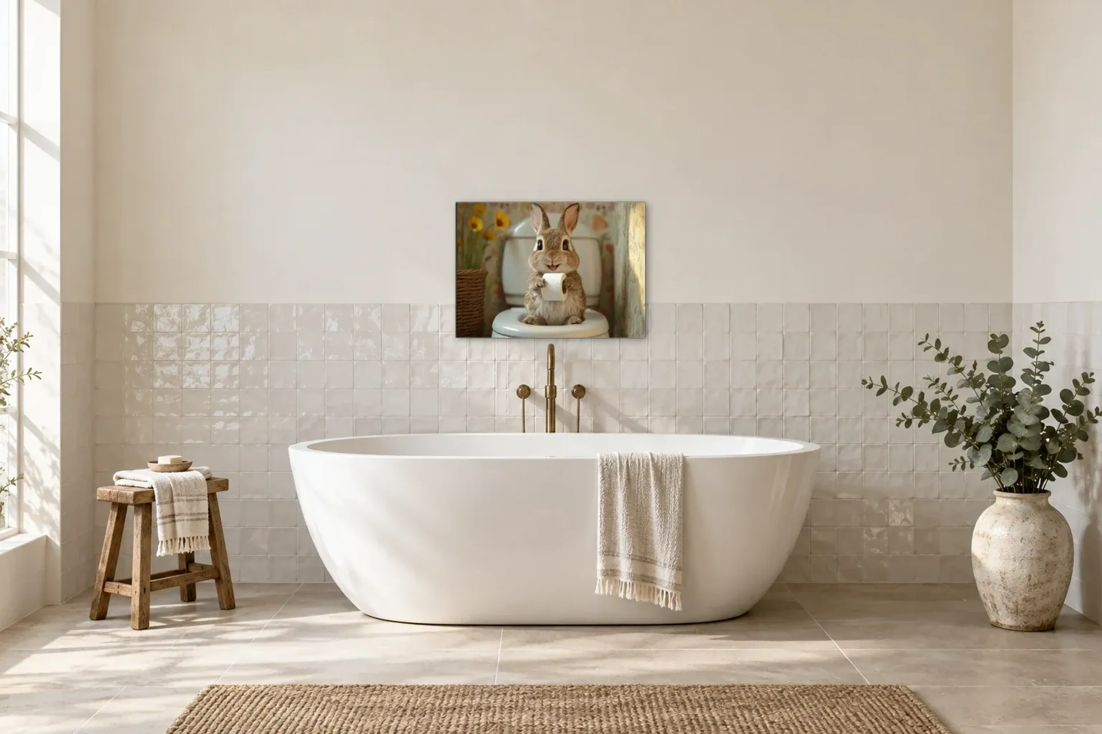 Hase neben Narzissen als Wandbild über einer 170-cm-Badewanne