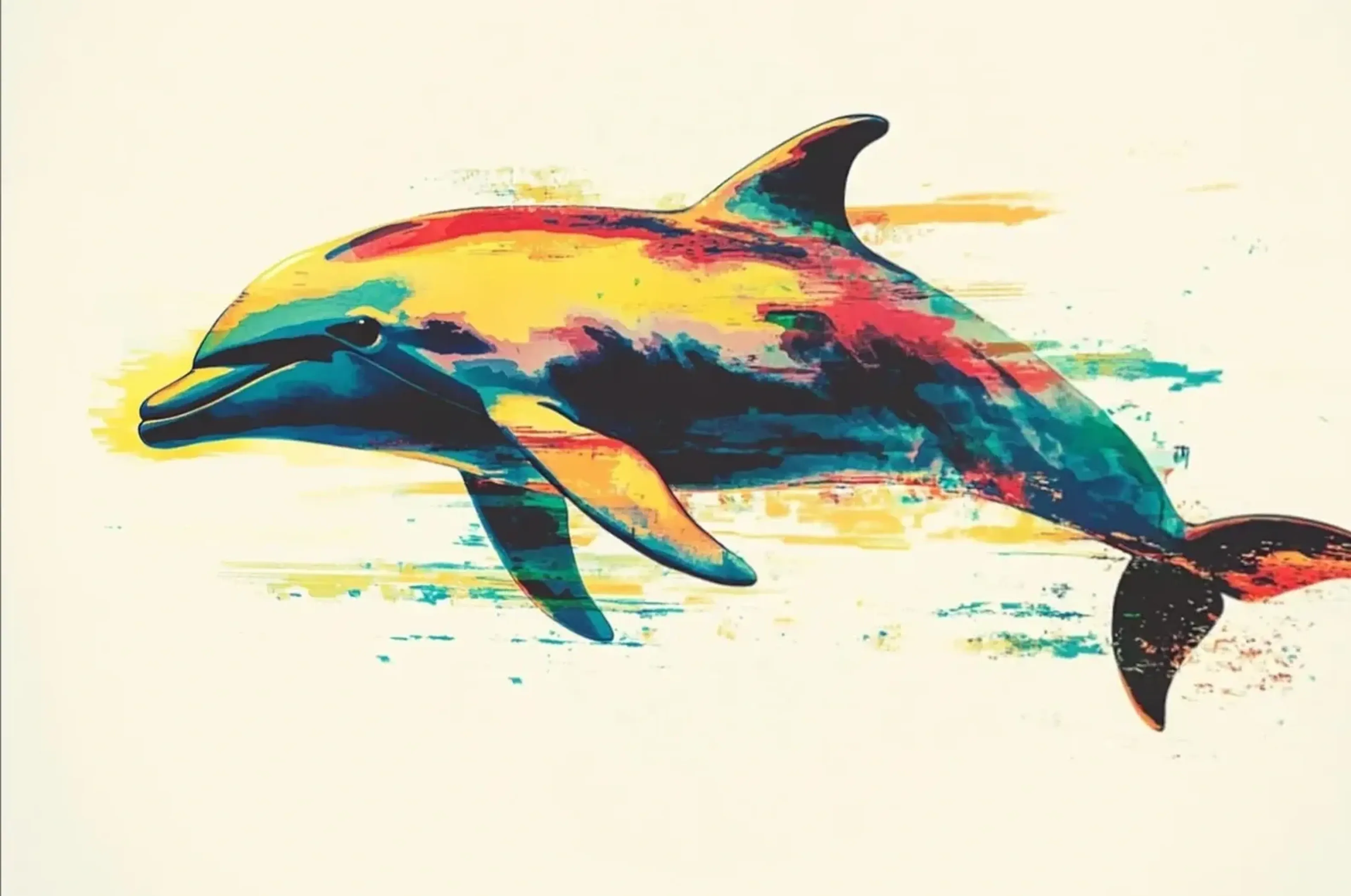Delfin in bunten Farben – Motiv als Wandbild auf Holz