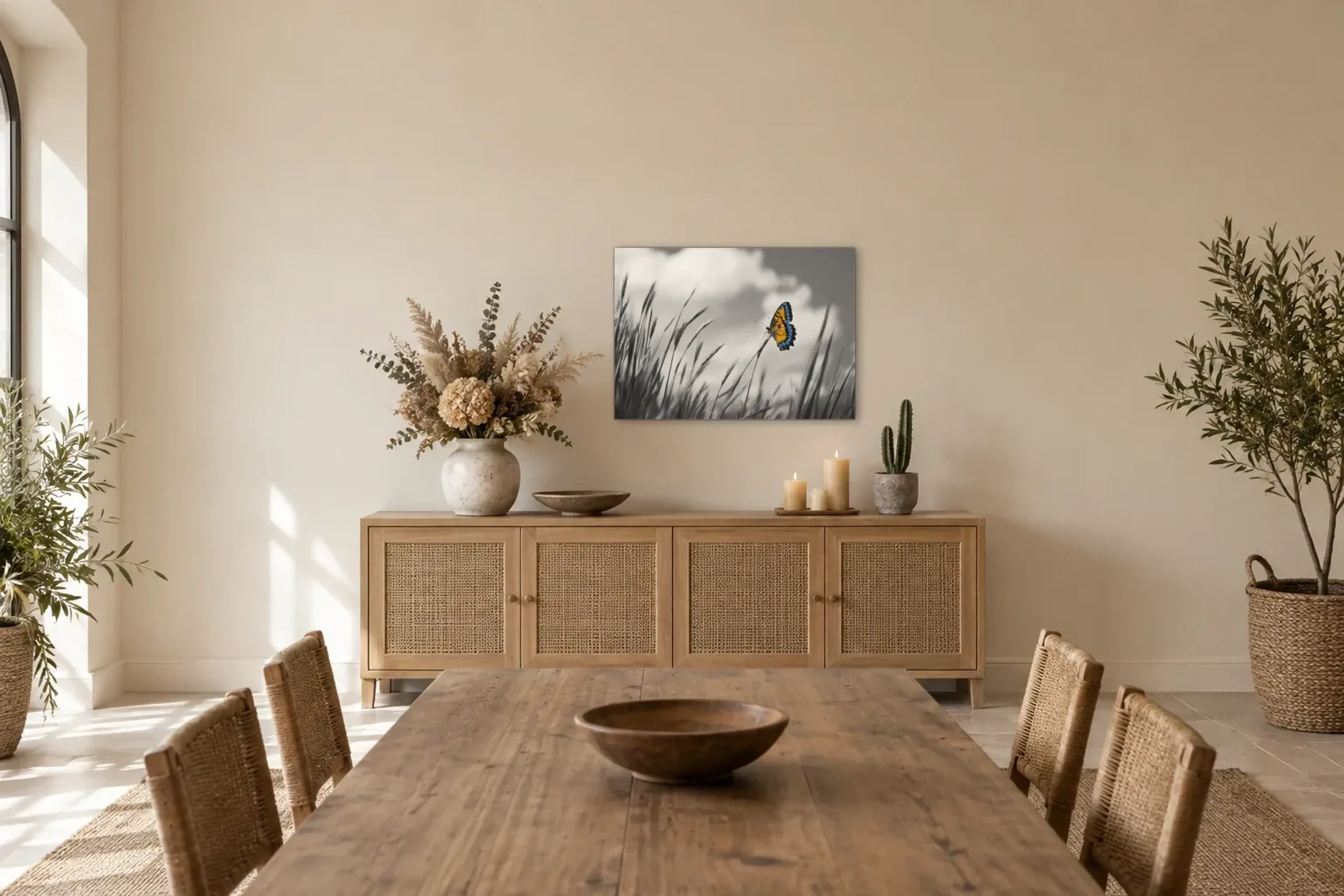 Schmetterling im Gras als Wandbild über einem 160-cm-Sideboard