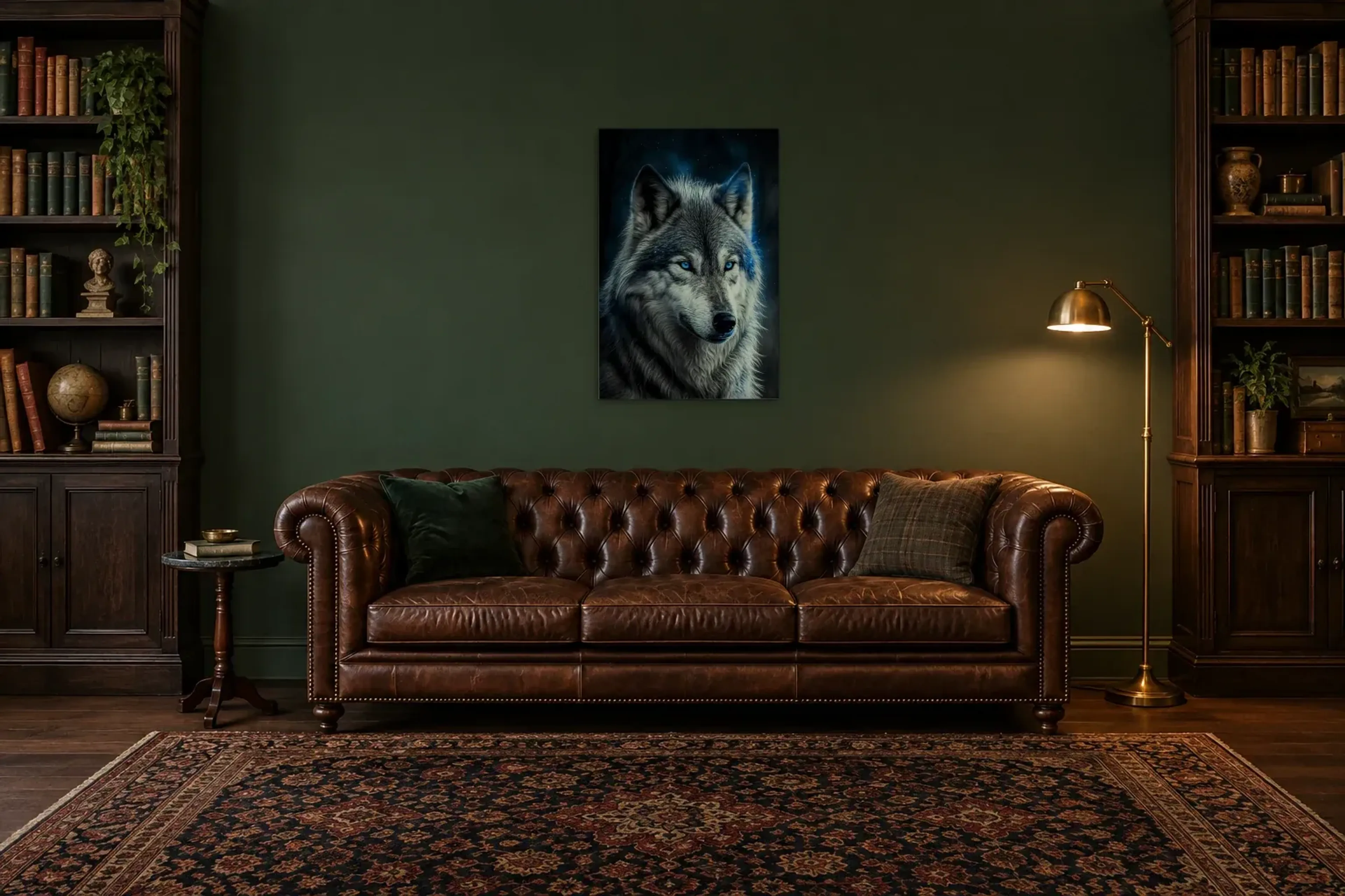 Mystischer Wolf als Wandbild über einem 200-cm-Chesterfield-Sofa