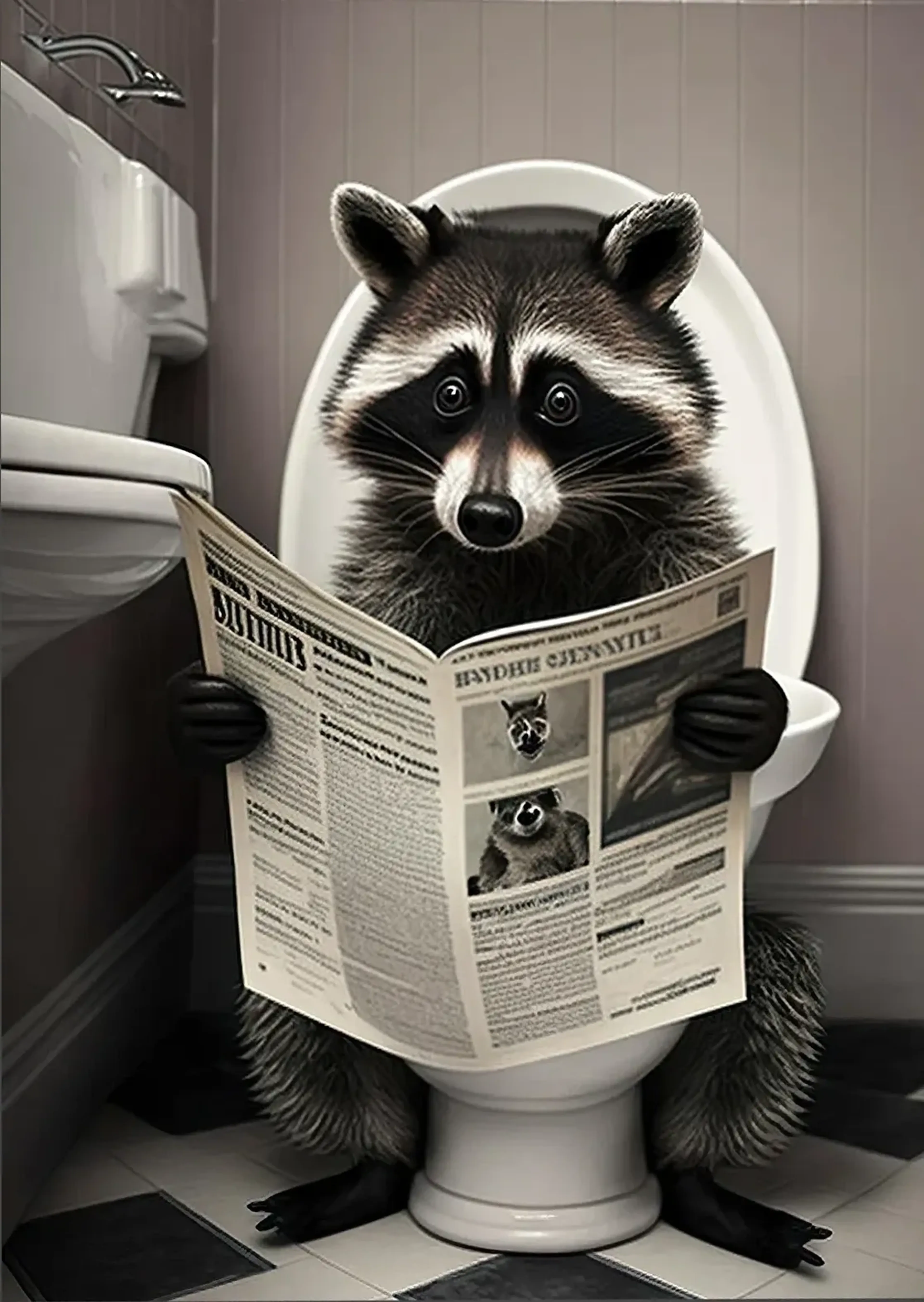 Ein Waschbär hält auf einer weißen Toilette eine Zeitung und schaut mit großen Augen über deren Rand.