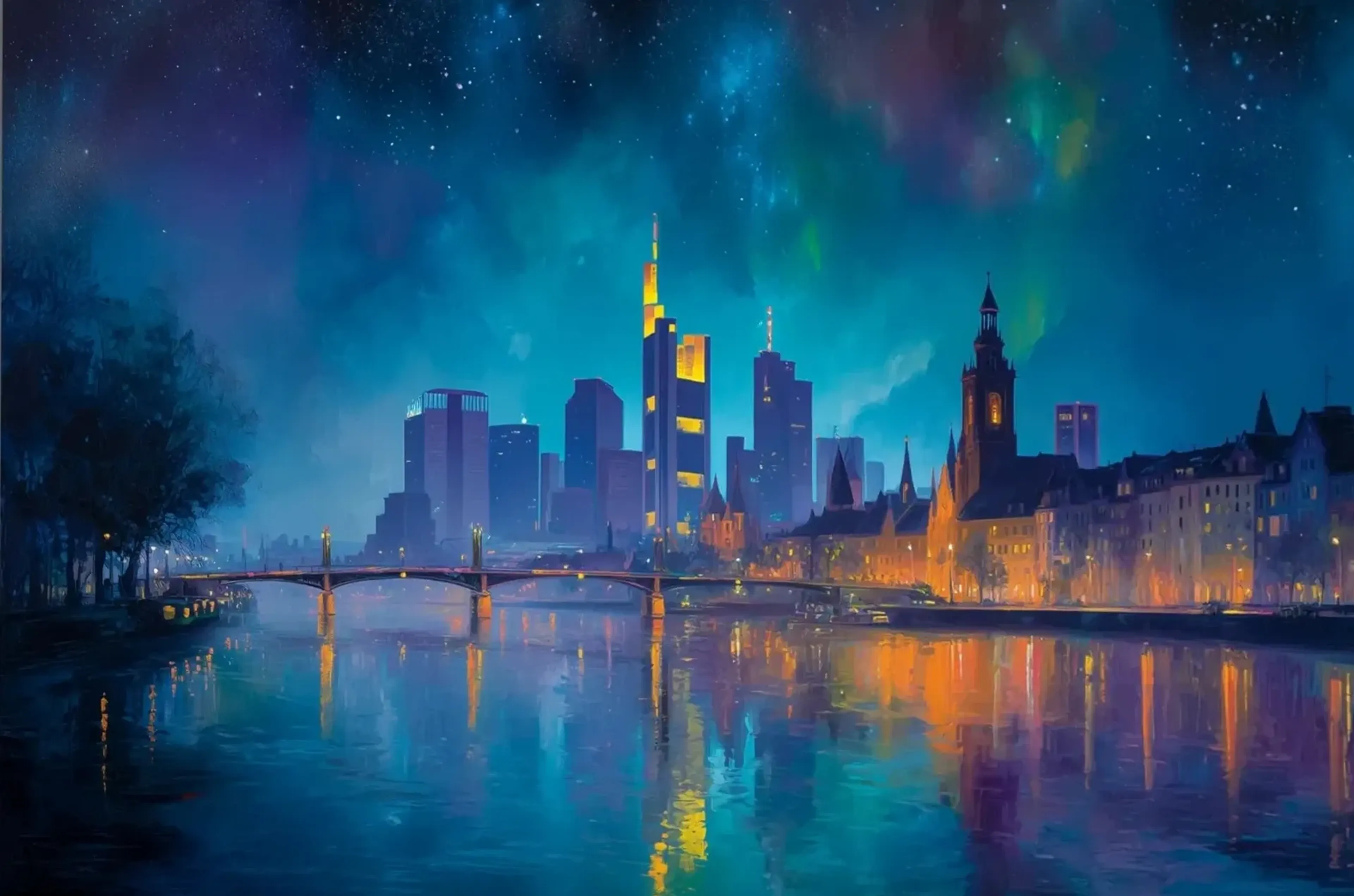 Frankfurter Skyline und Brücke bei Nacht mit goldenen Spiegelungen im Main unter blau-türkisem Himmel.