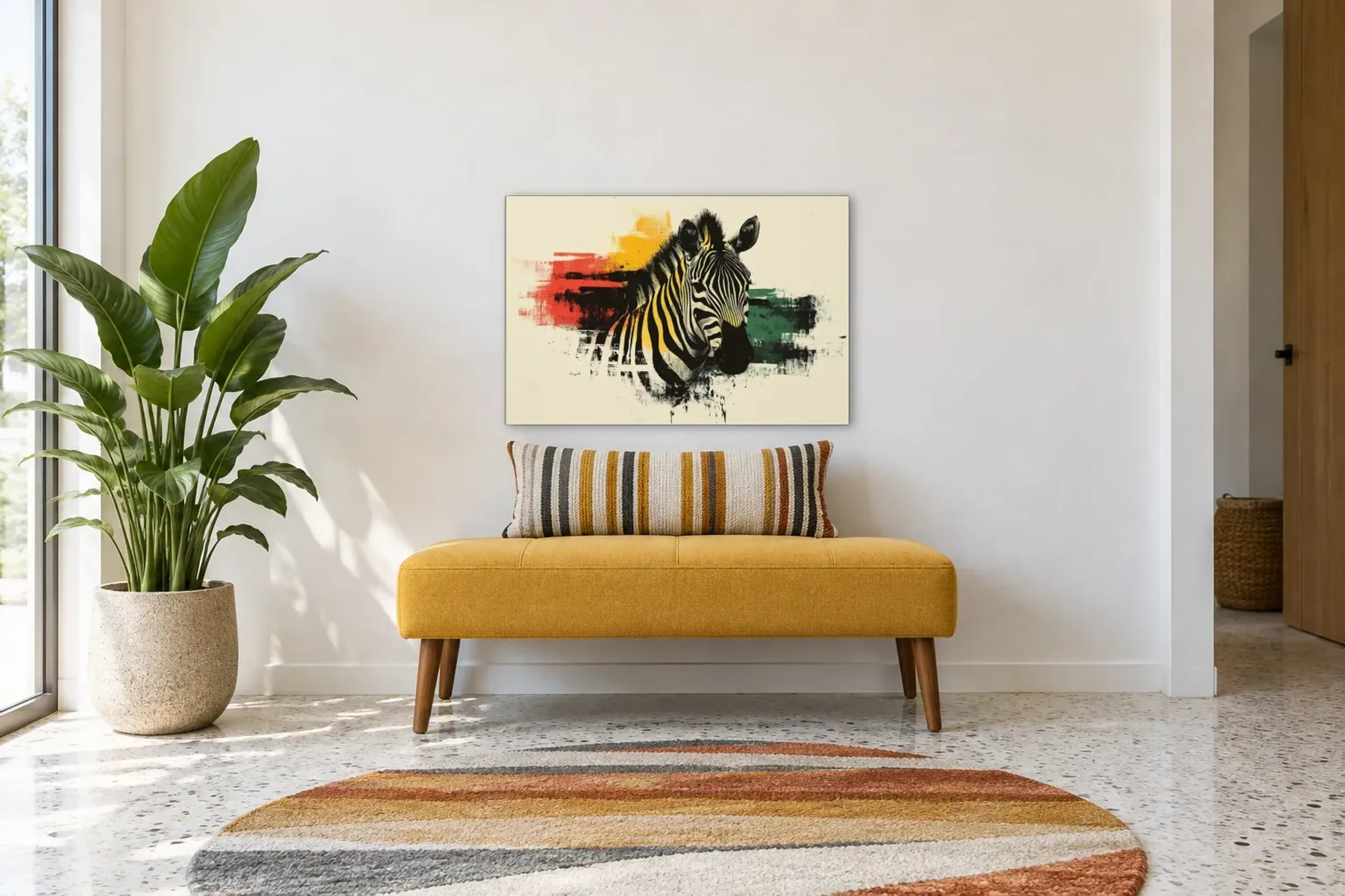 Zebra mit Farbspuren als Wandbild über einer 120-cm-Bank