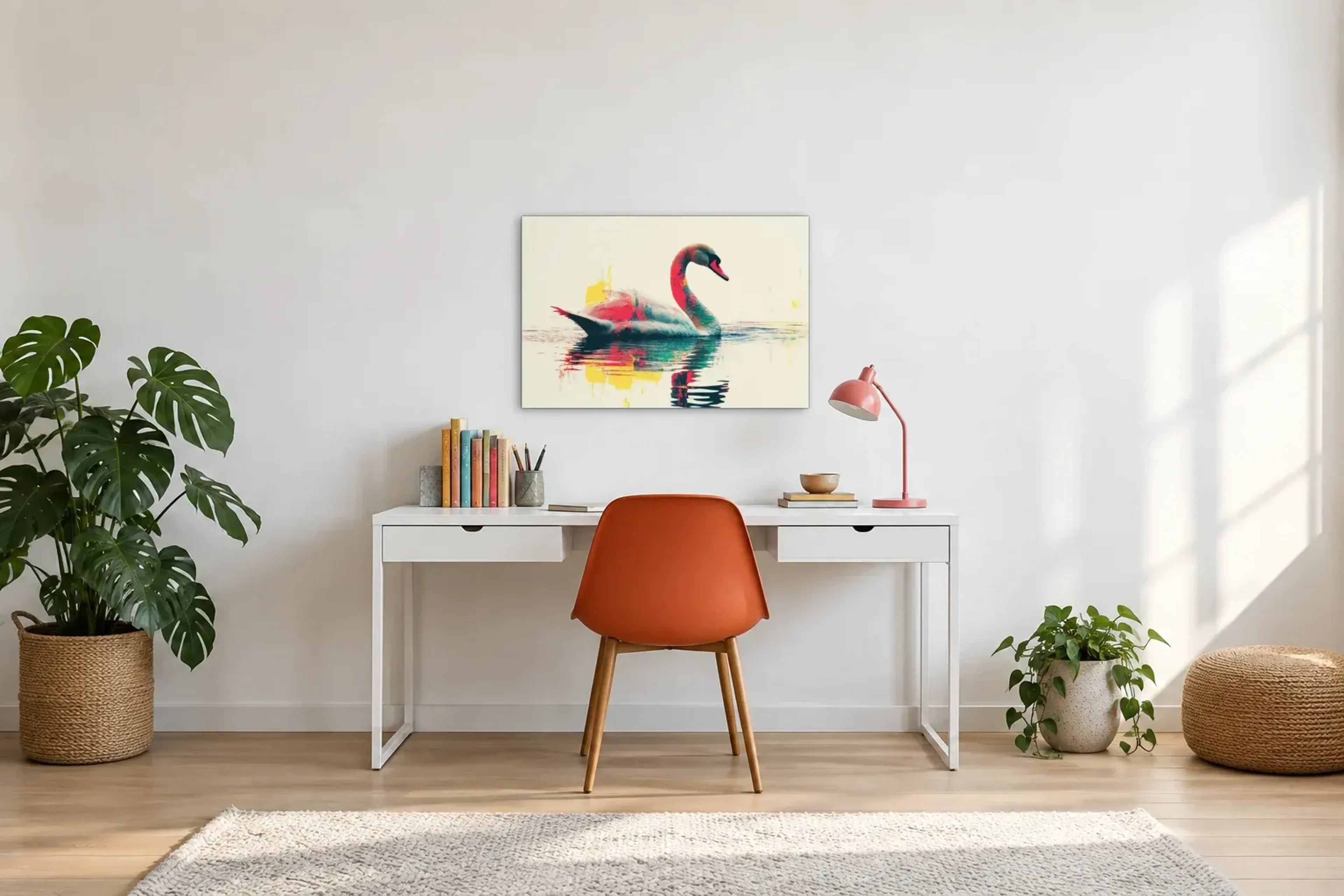 Schwan in Türkis und Rot als Wandbild über einem 140-cm-Schreibtisch
