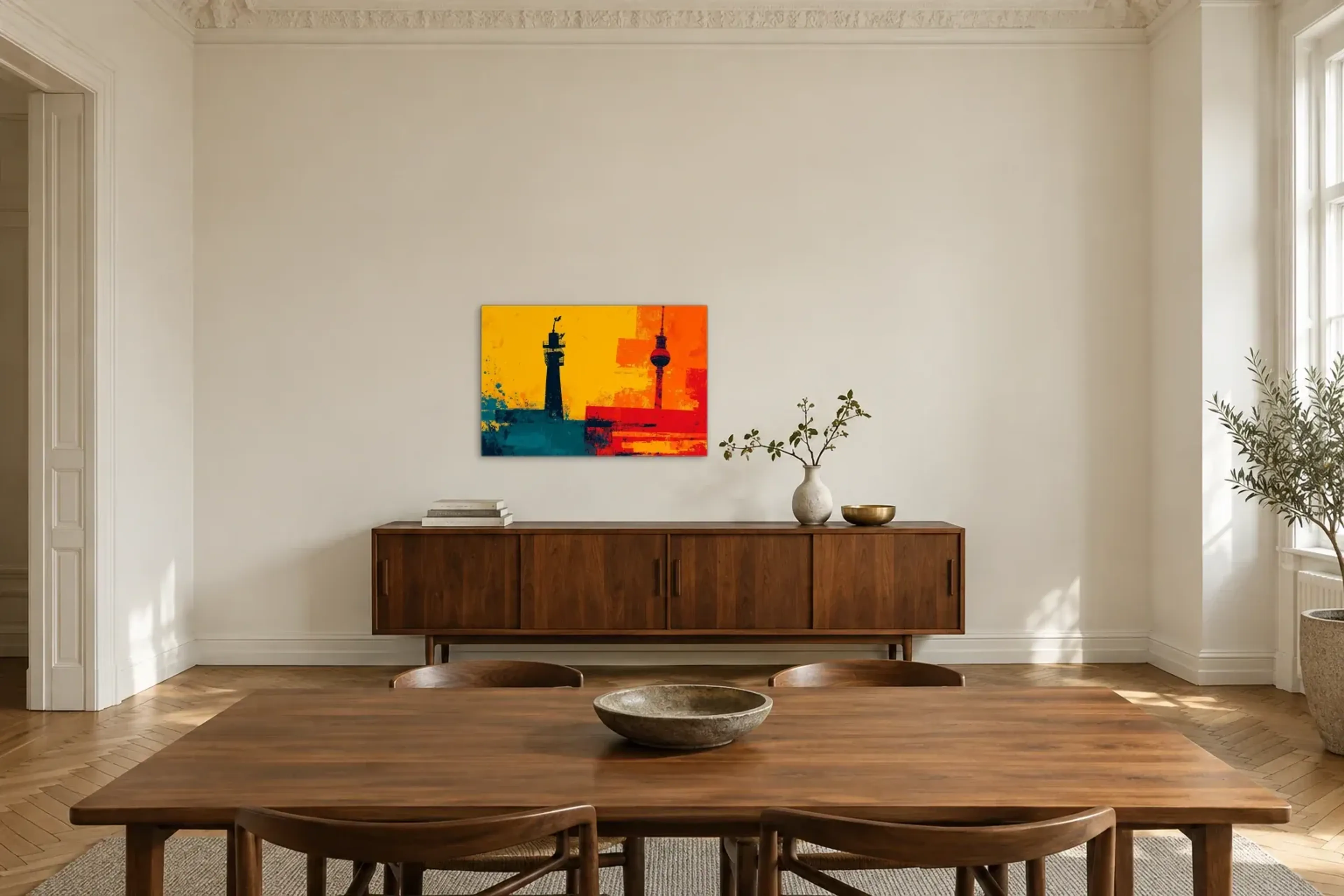 Fernsehturm in Orange als Wandbild über einem 200-cm-Sideboard