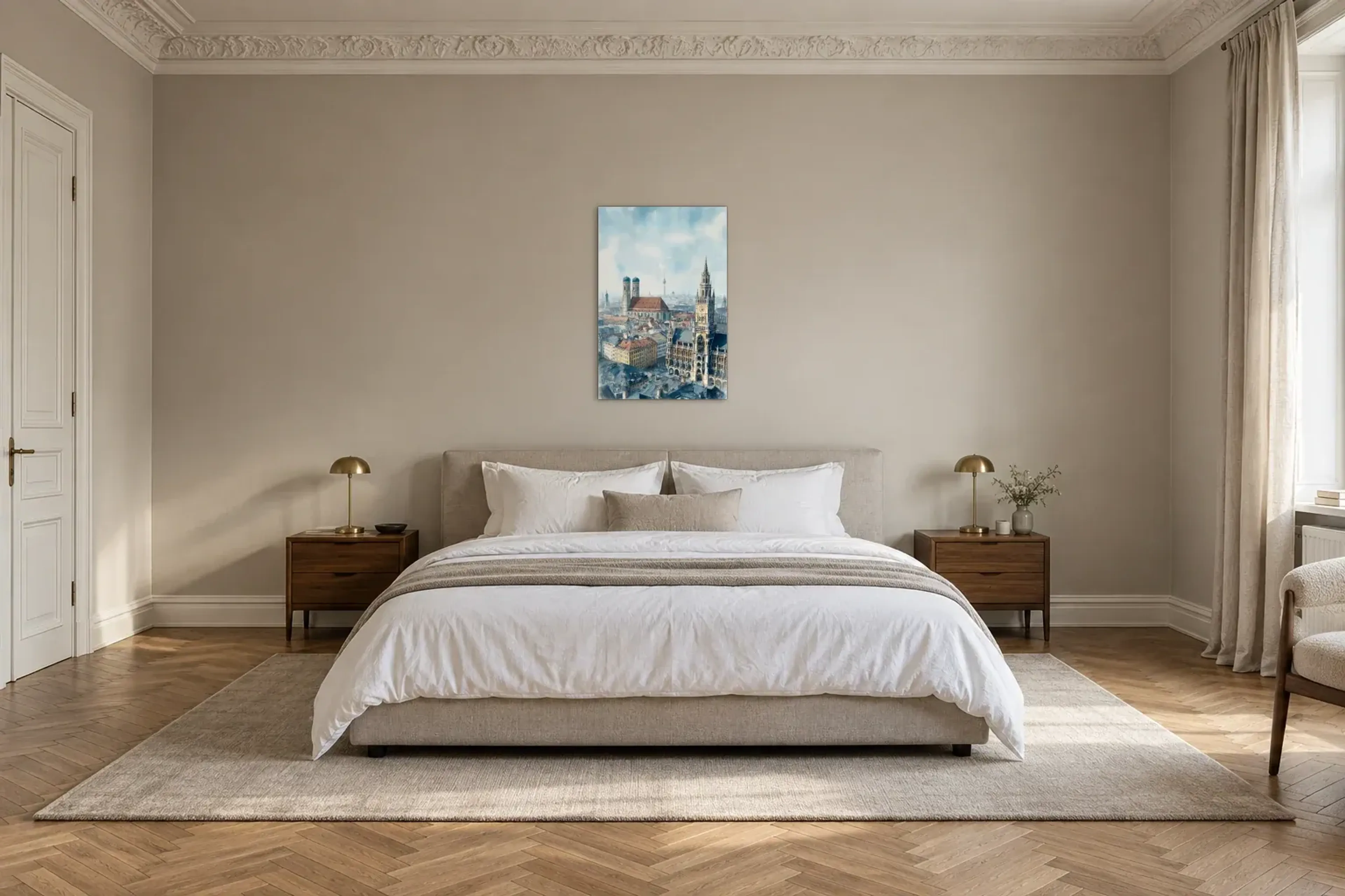 München unter hellem Himmel als Wandbild über einem 180-cm-Bett