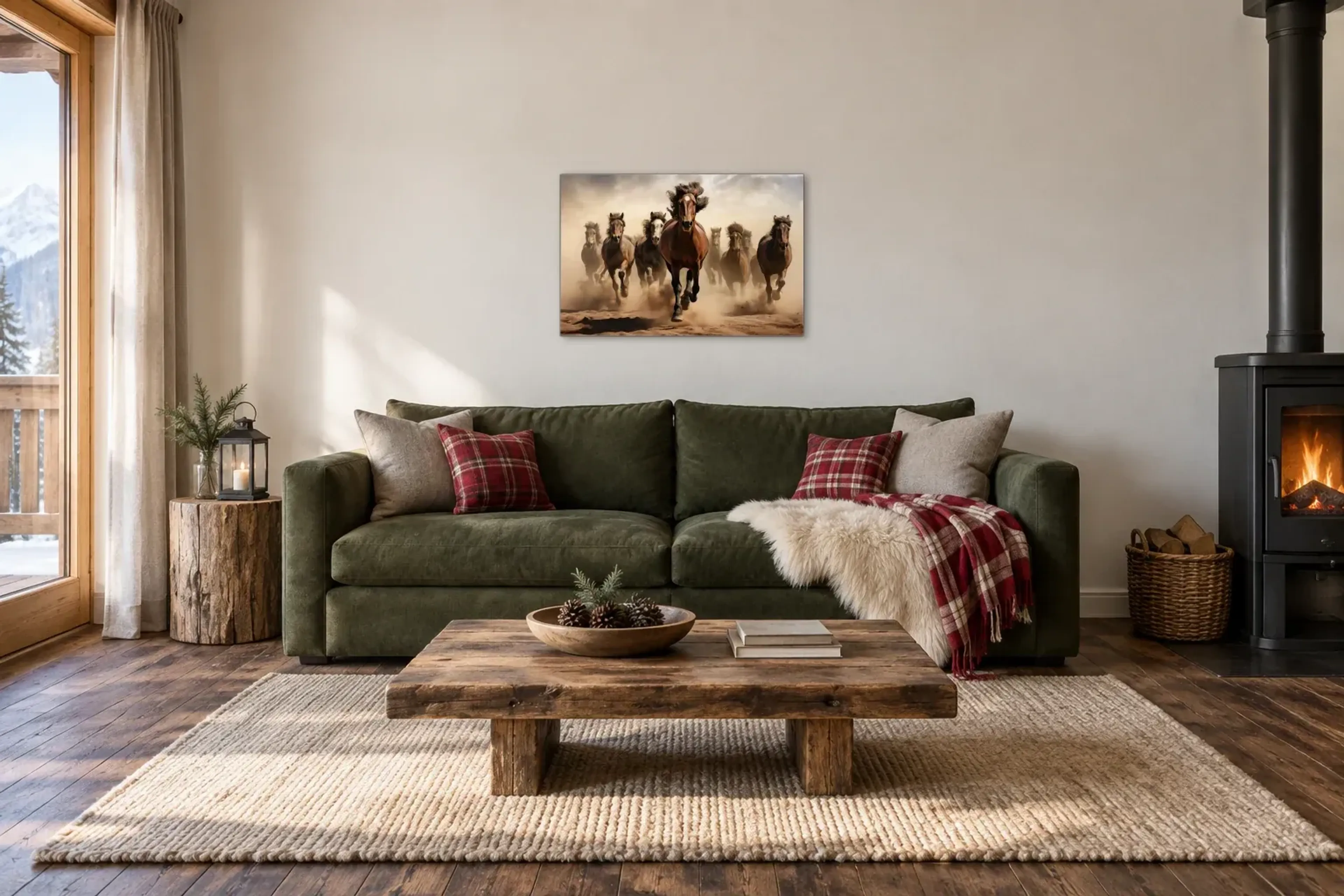 Pferde im Galopp als Wandbild über einem 220-cm-Sofa