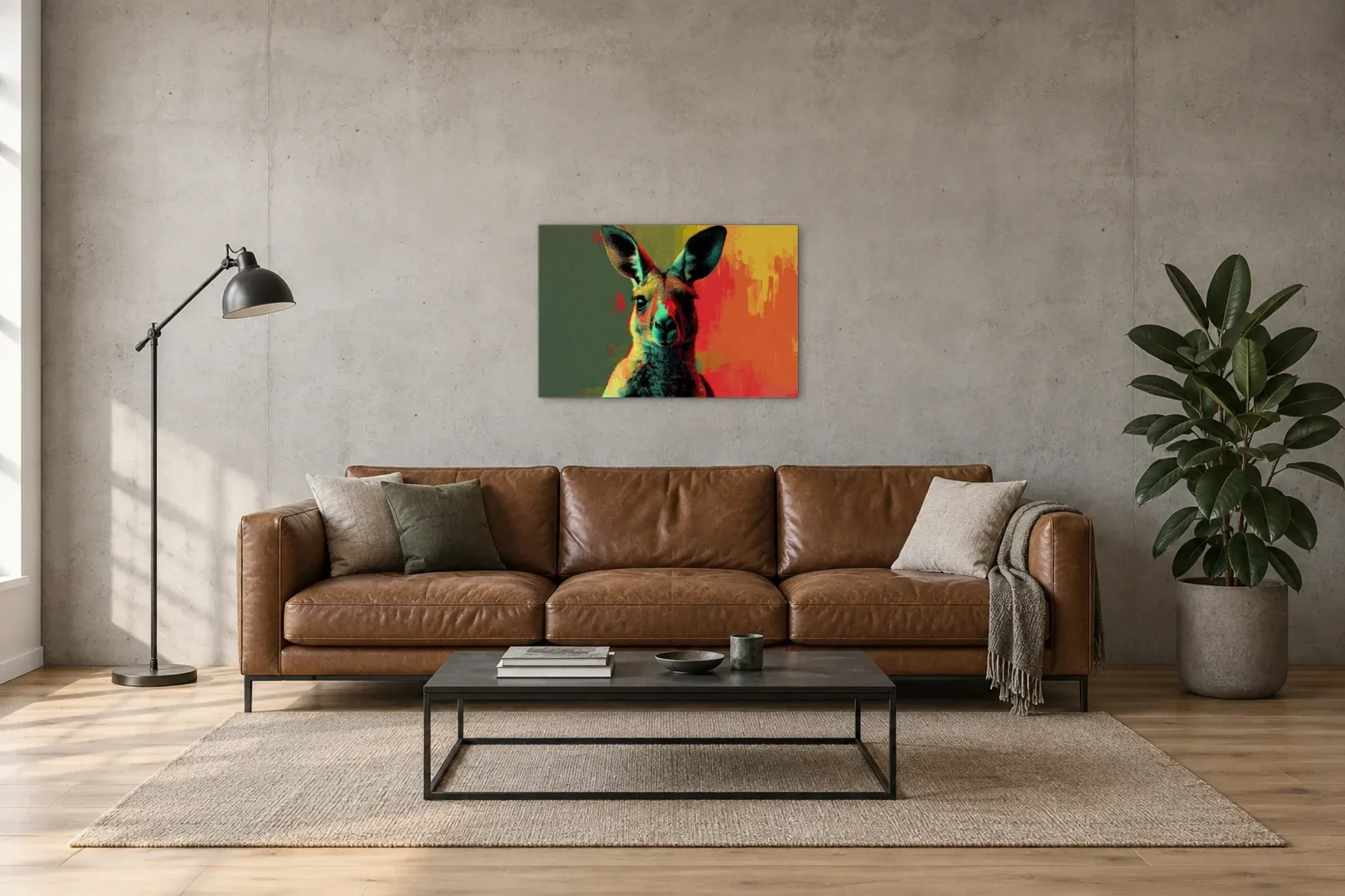 Känguru in Türkis als Wandbild über einem 220-cm-Sofa
