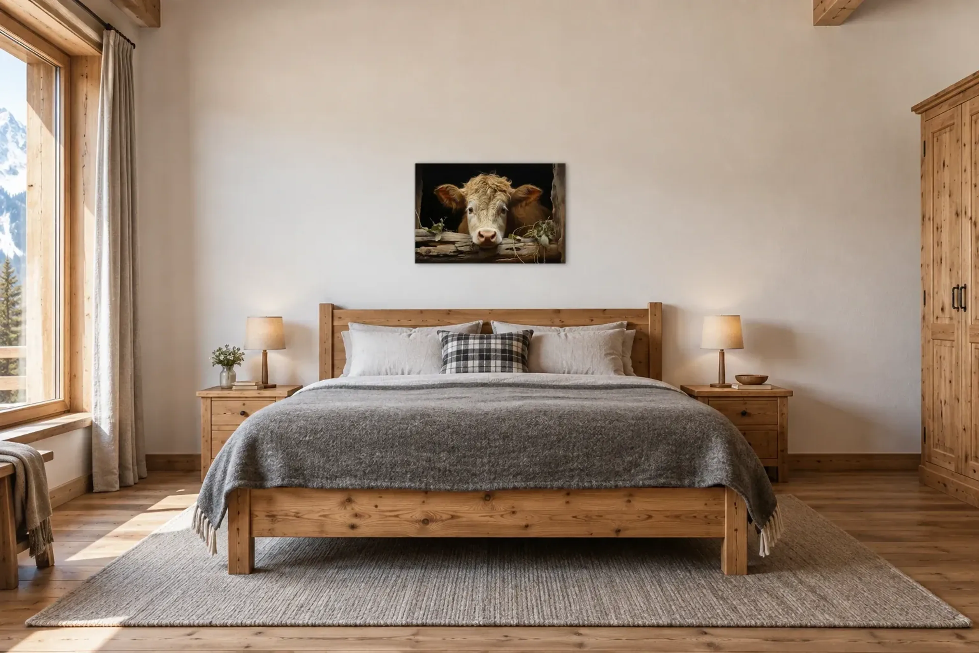 Kuhporträt am Holzbalken als Wandbild über einem 180-cm-Bett
