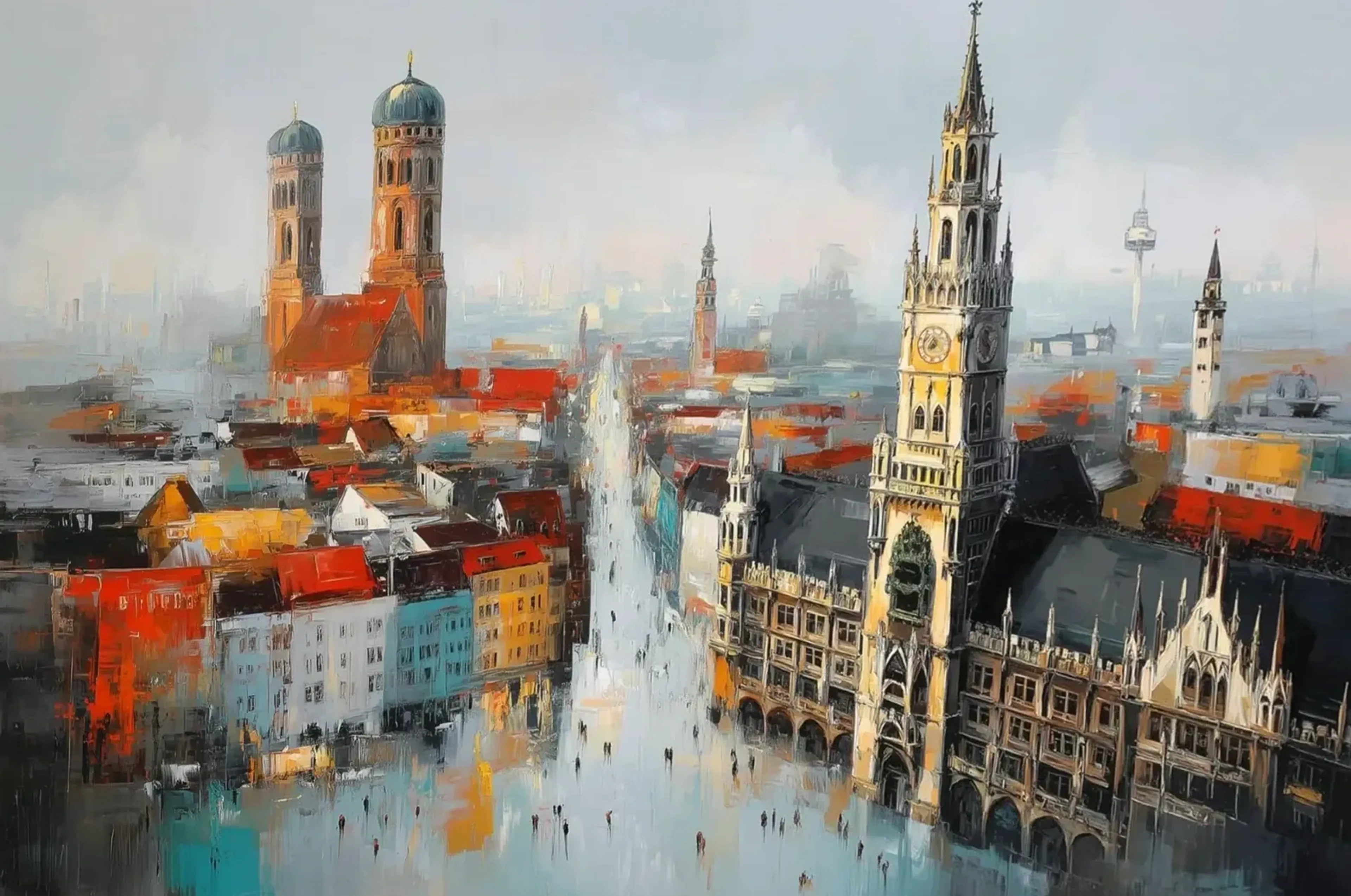 Frauenkirche und Rathaus über Münchner Dächern in Rot und Orange, davor ein heller Platz mit kleinen Figuren.
