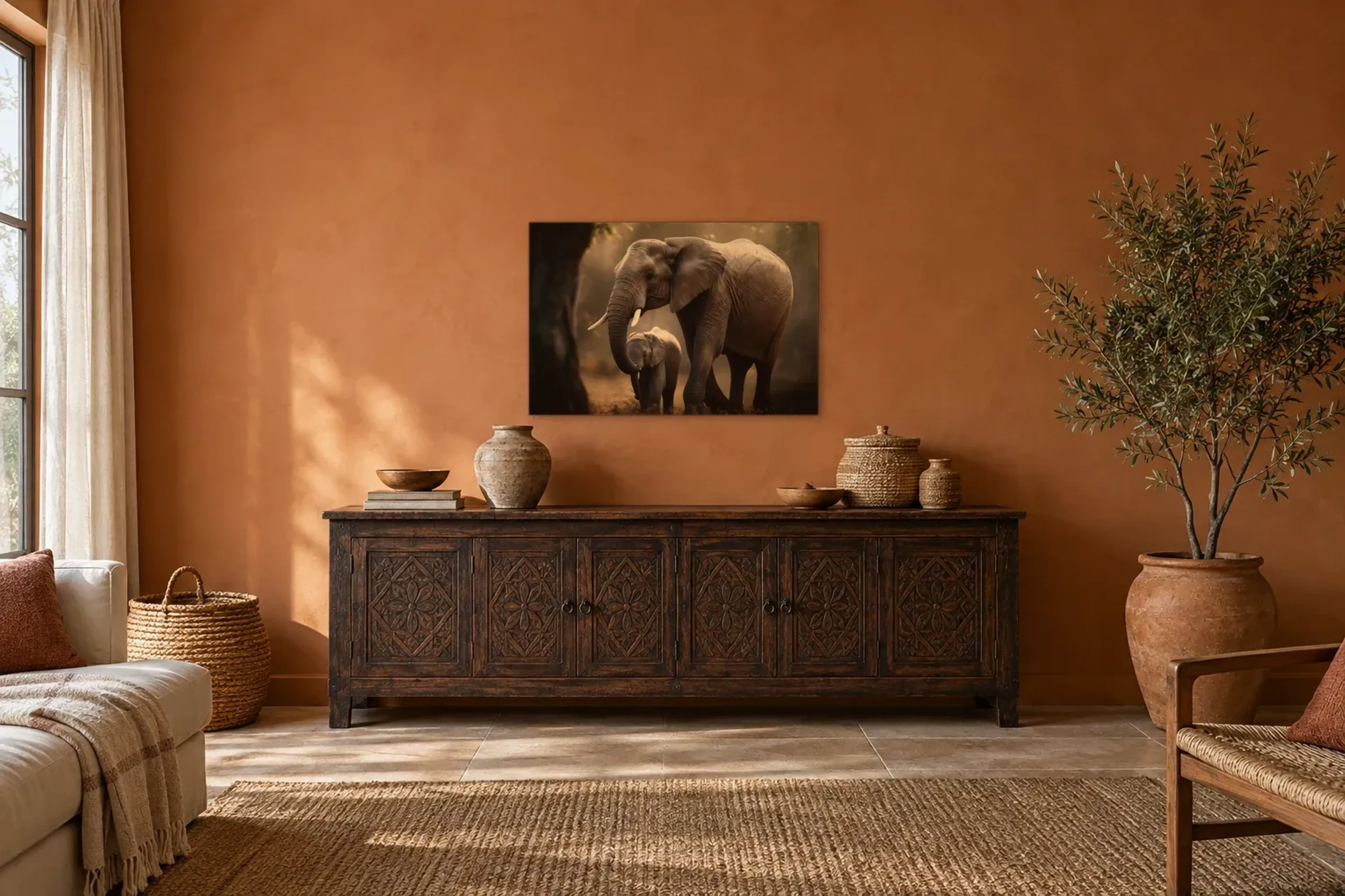 Elefant mit Jungtier als Wandbild über einem 180-cm-Sideboard