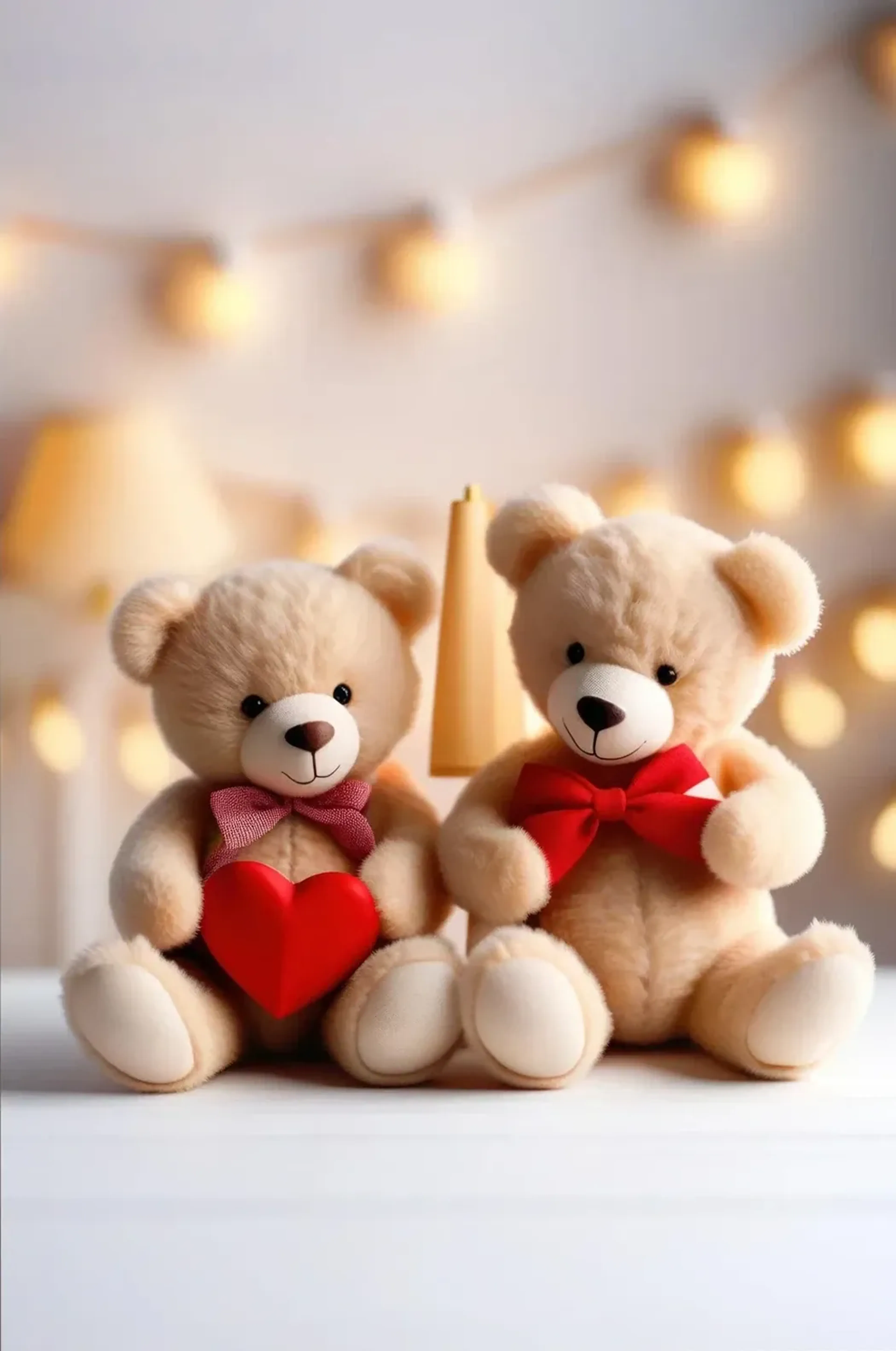 Zwei helle Teddybären mit Schleifen sitzen vor warmen Lichtern; einer hält ein rotes Herz.