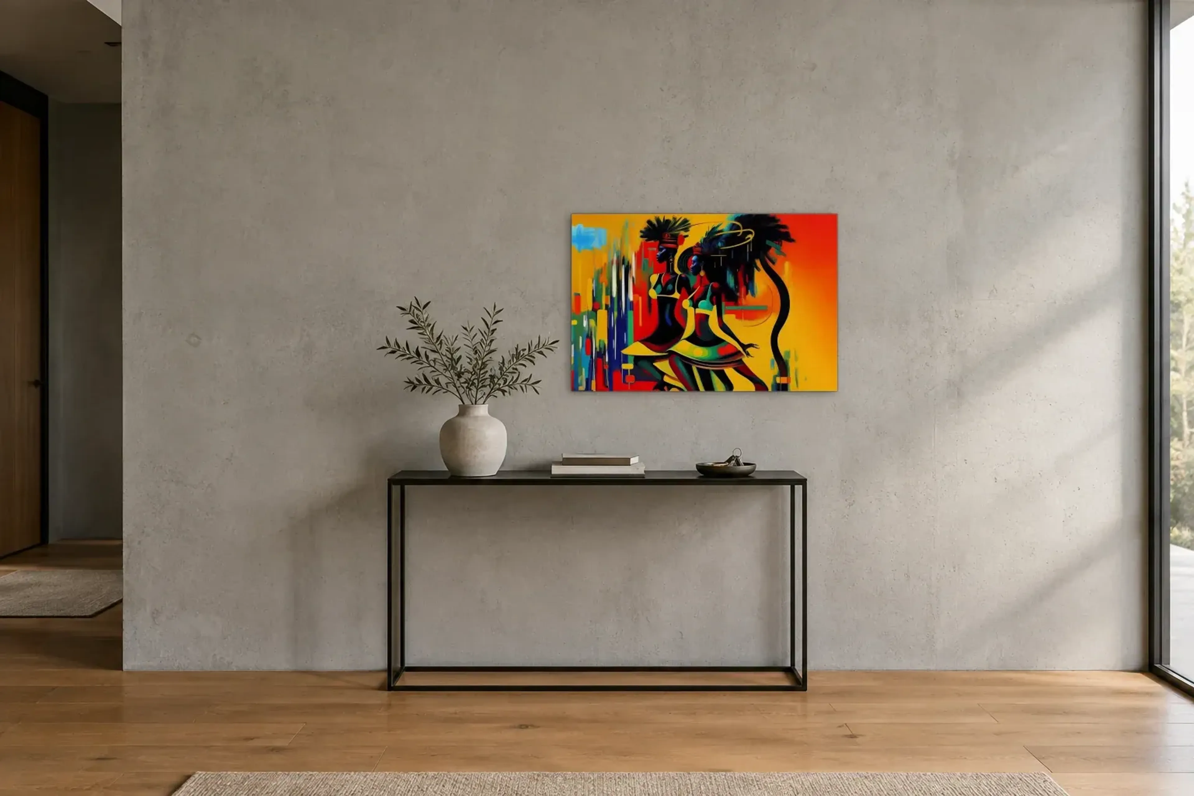 Frauen mit Federschmuck als Wandbild über einer 120-cm-Konsole