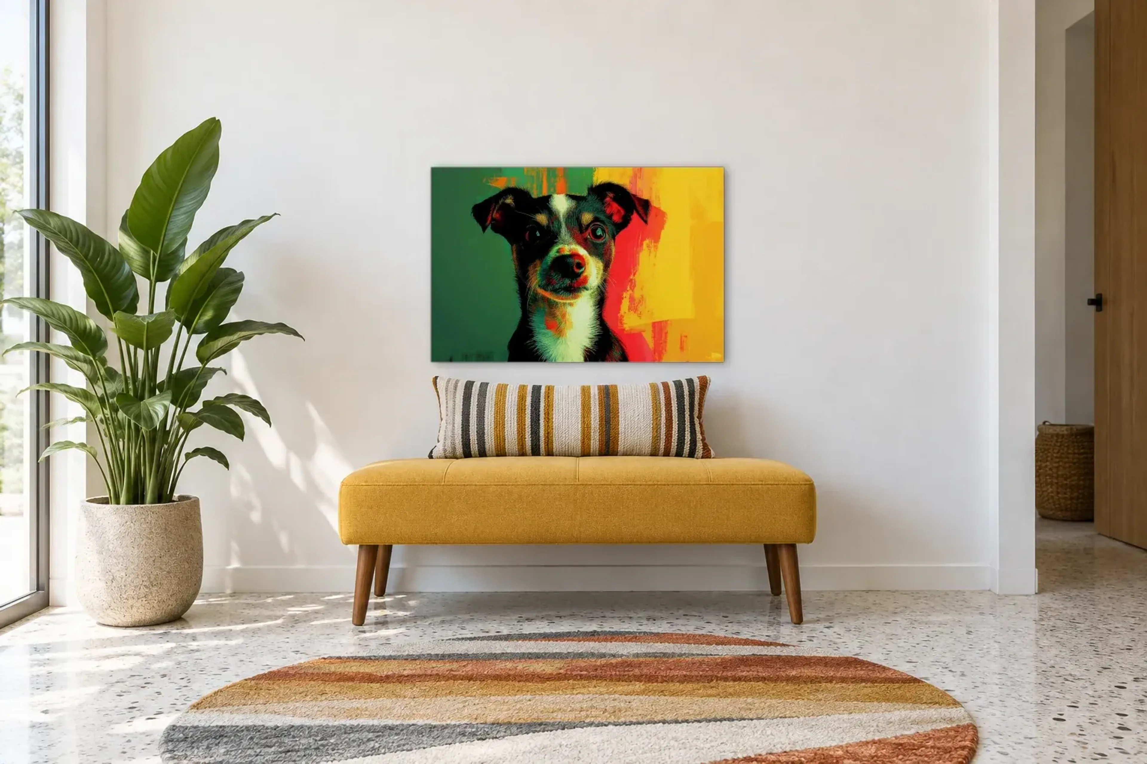 Jack Russell als Wandbild über einer 120-cm-Bank