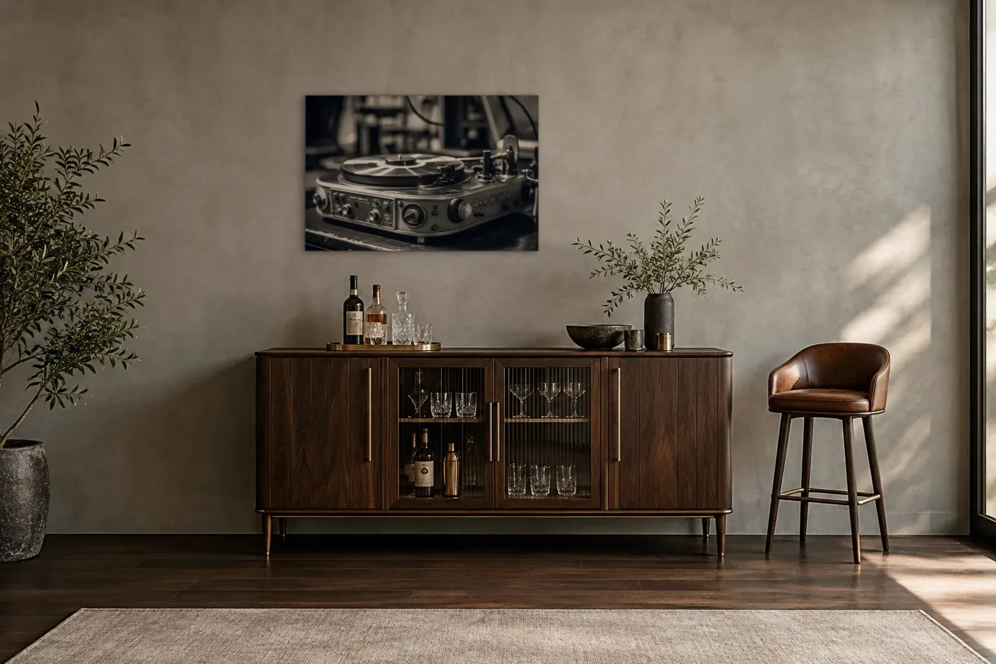 Plattenspieler mit Schallplatte als Wandbild über einem 150-cm-Barschrank