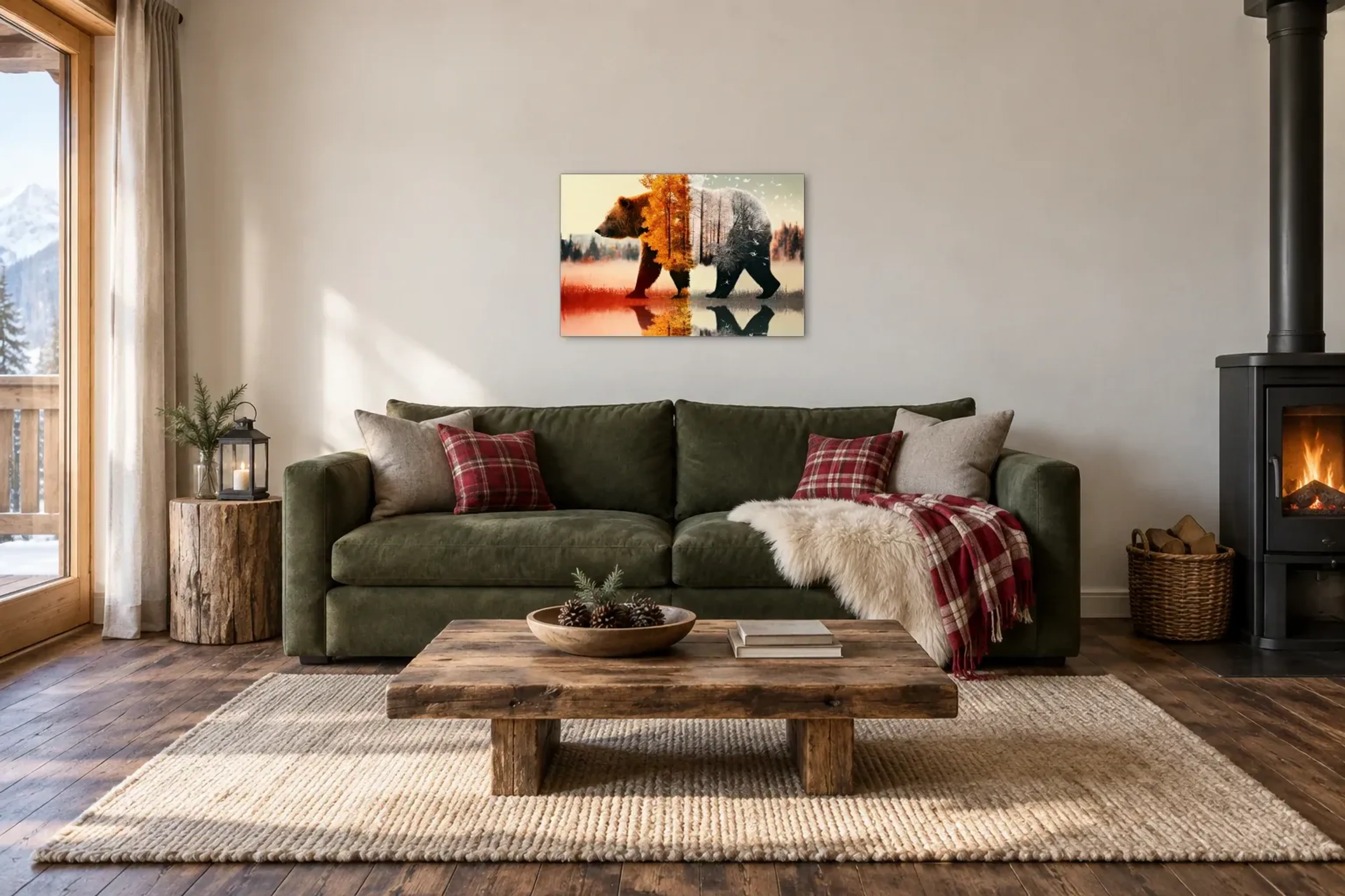 Bär zwischen Herbst und Winter als Wandbild über einem 220-cm-Sofa