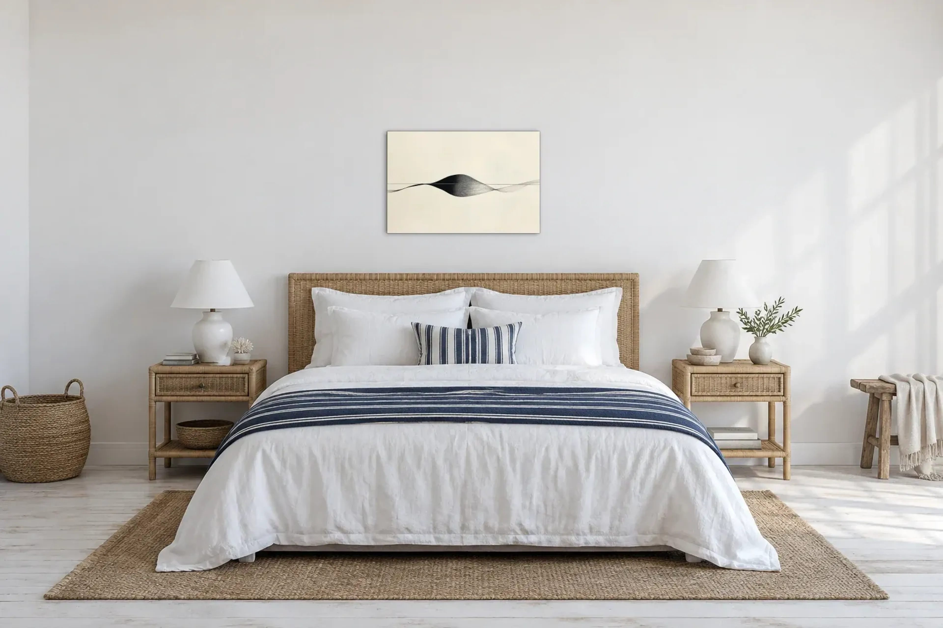 Schwarze Linienwelle als Wandbild über einem 180-cm-Bett