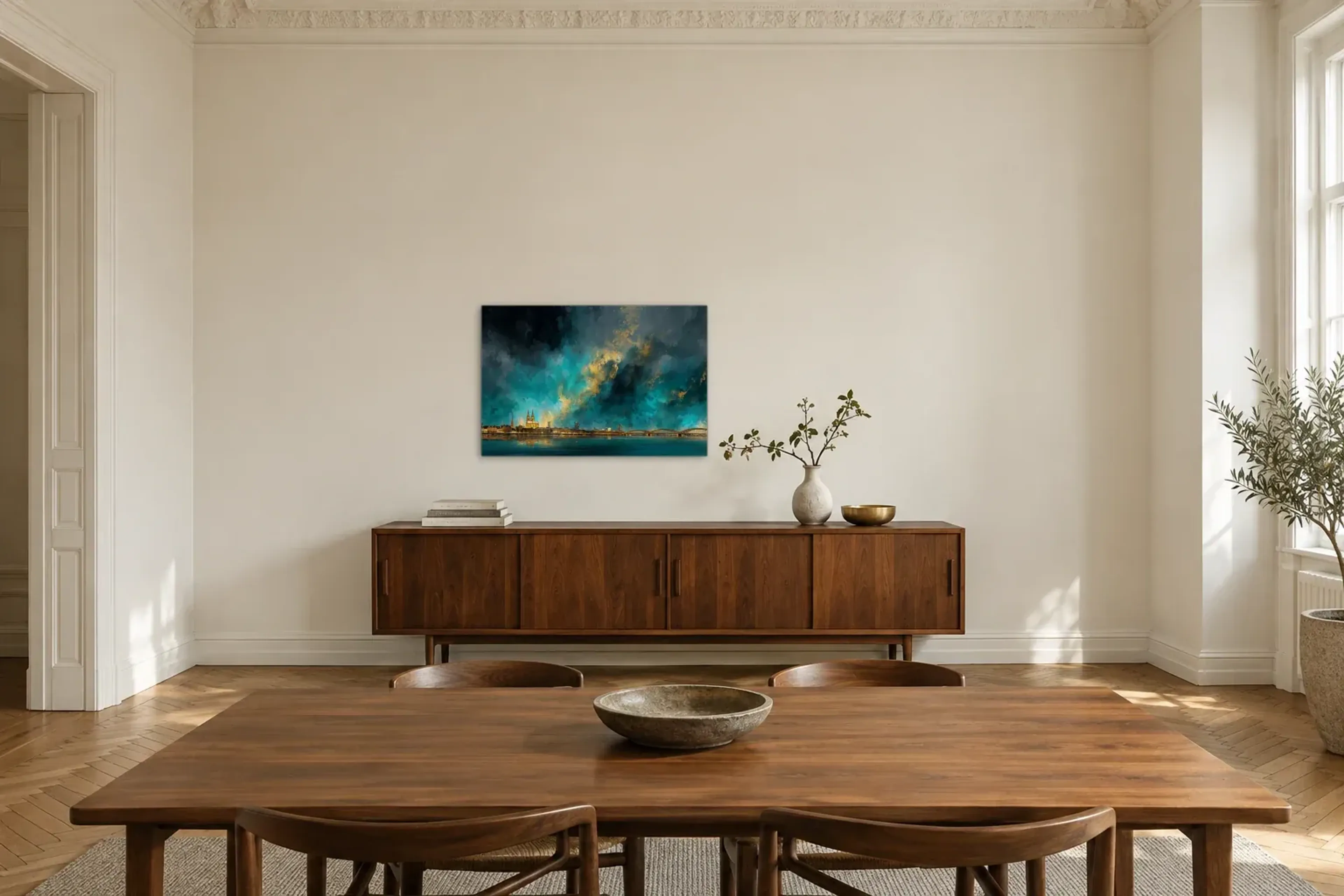 Goldwolken über Köln als Wandbild über einem 200-cm-Sideboard