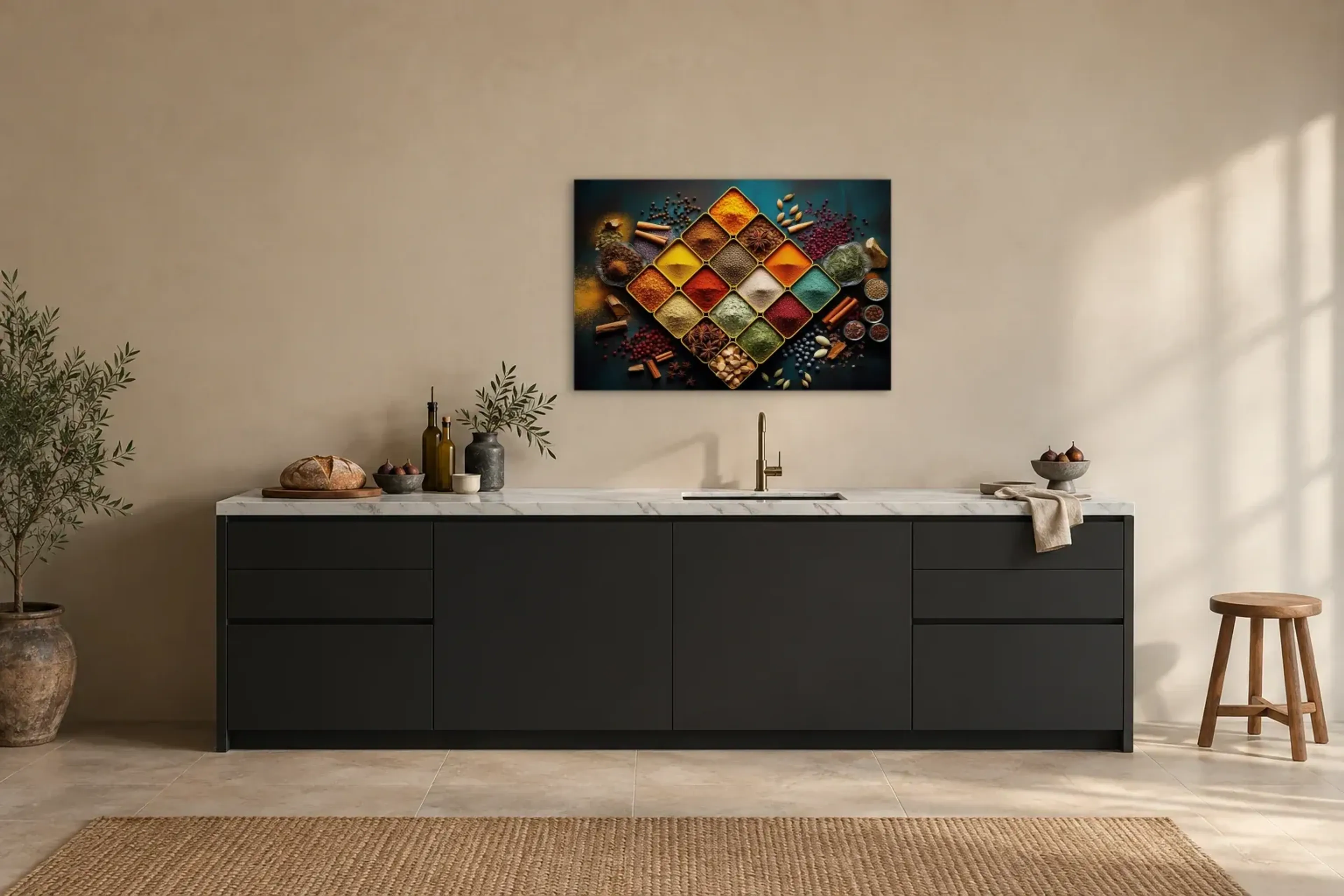 Gewürze als Wandbild über einer 200-cm-Arbeitsplatte