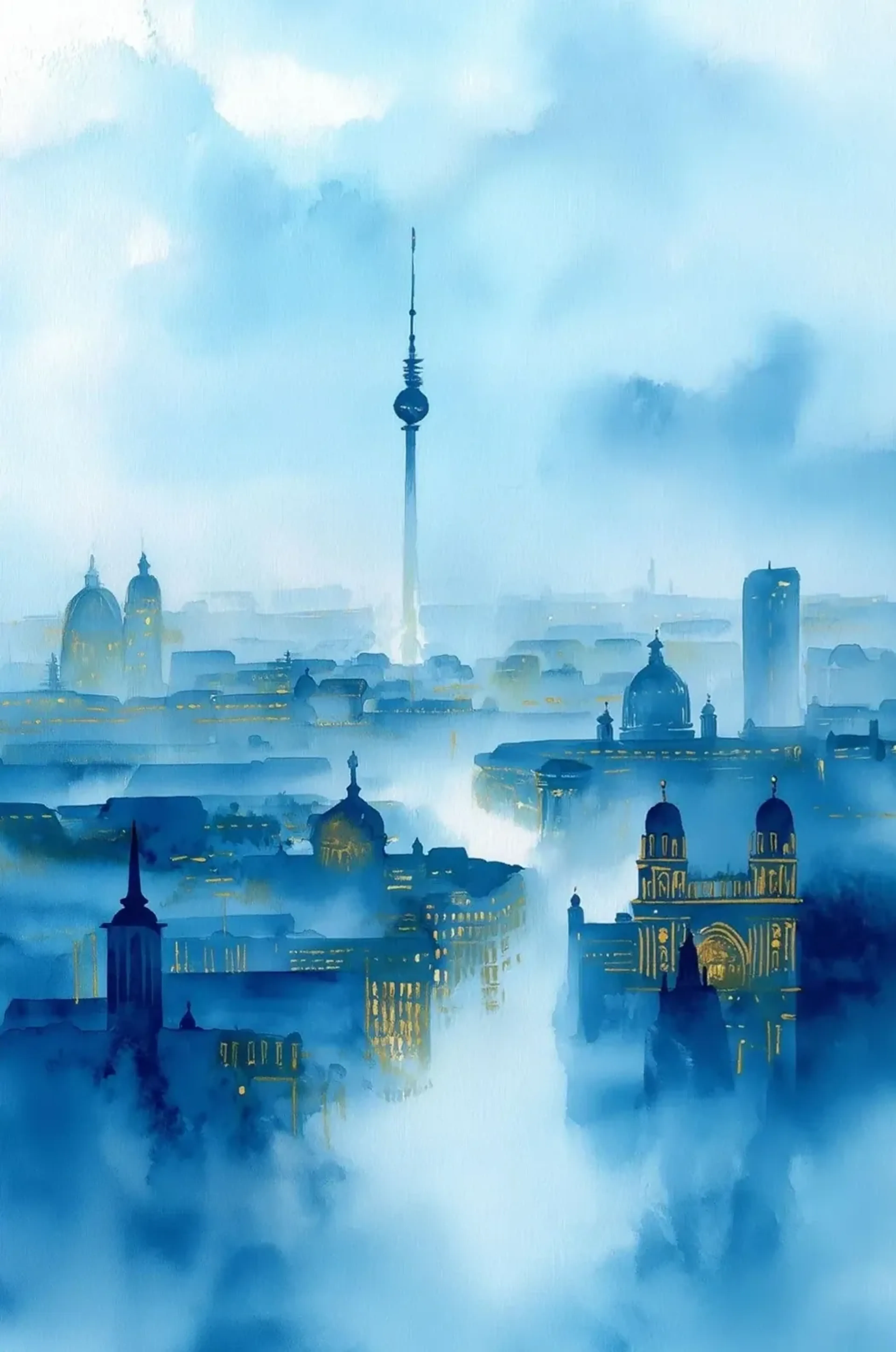 Berliner Fernsehturm über Dächern und Kuppeln in Türkis und Dunkelblau, umgeben von hellem Nebel.