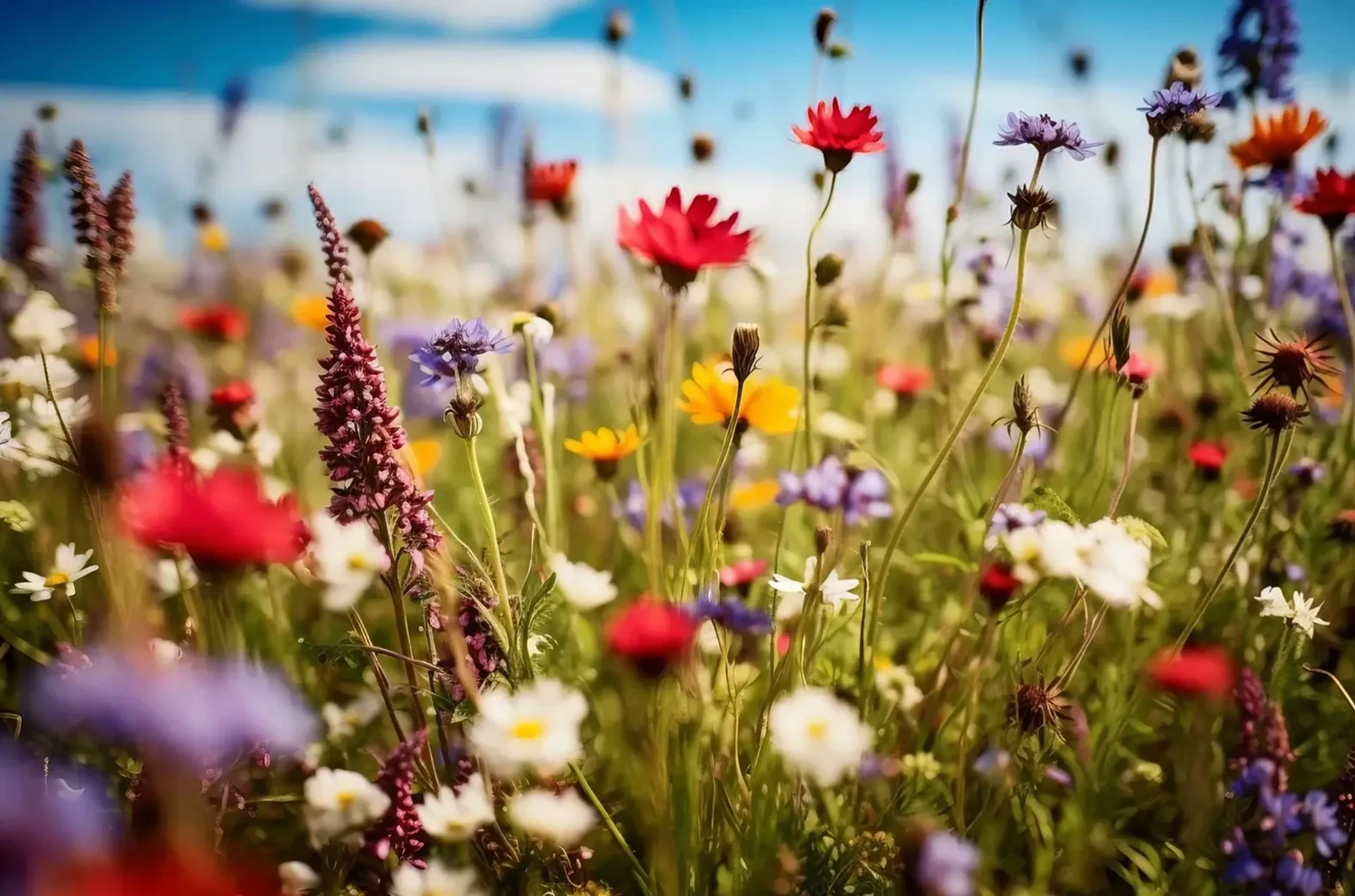 Dichte Wiese mit roten, gelben, weißen und violetten Blüten sowie einer hohen dunkelrosa Blütenähre.