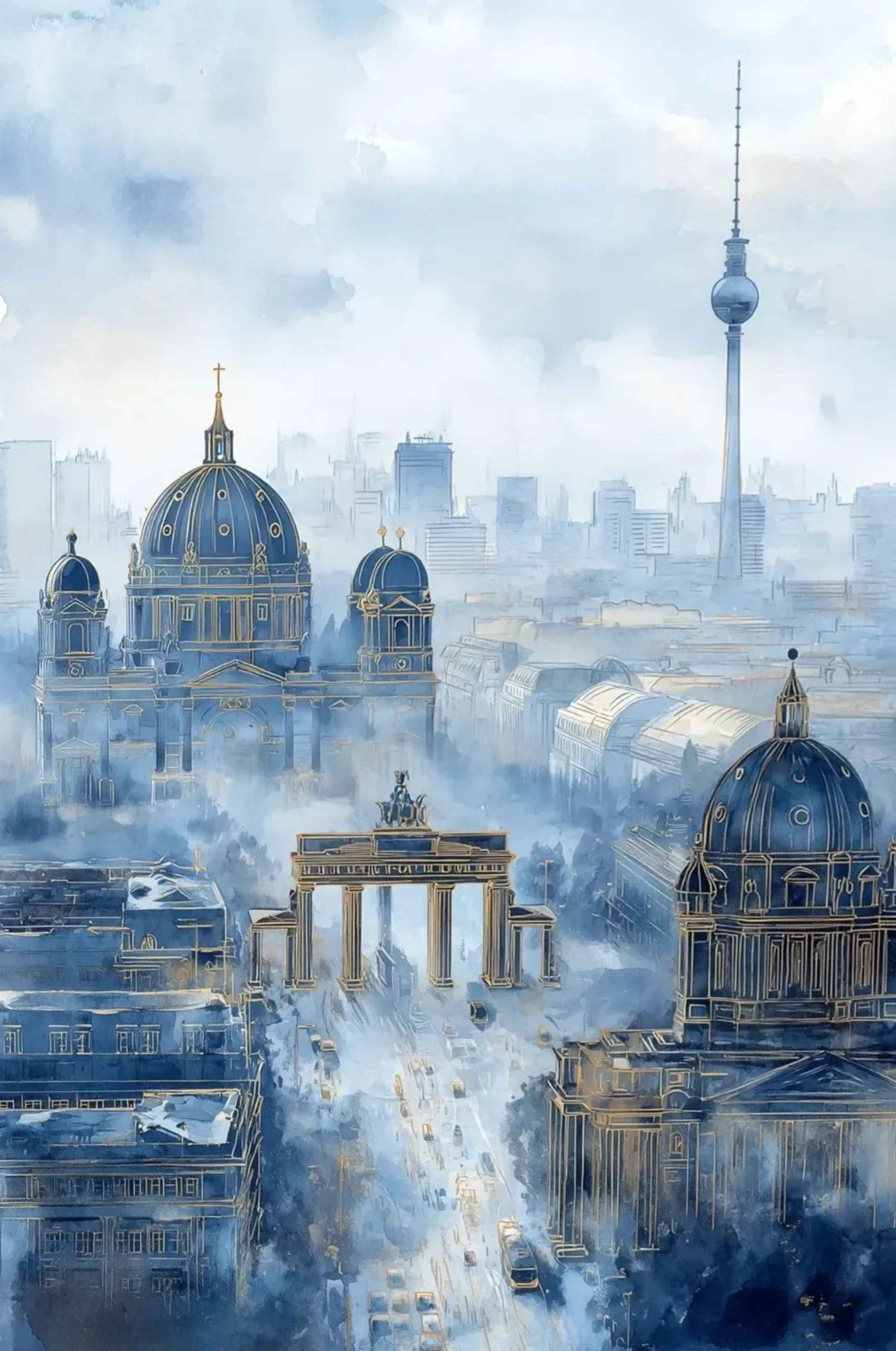 Berliner Wahrzeichen mit Dom, Brandenburger Tor und Fernsehturm in nebligem Blau mit goldfarbenen Konturen.