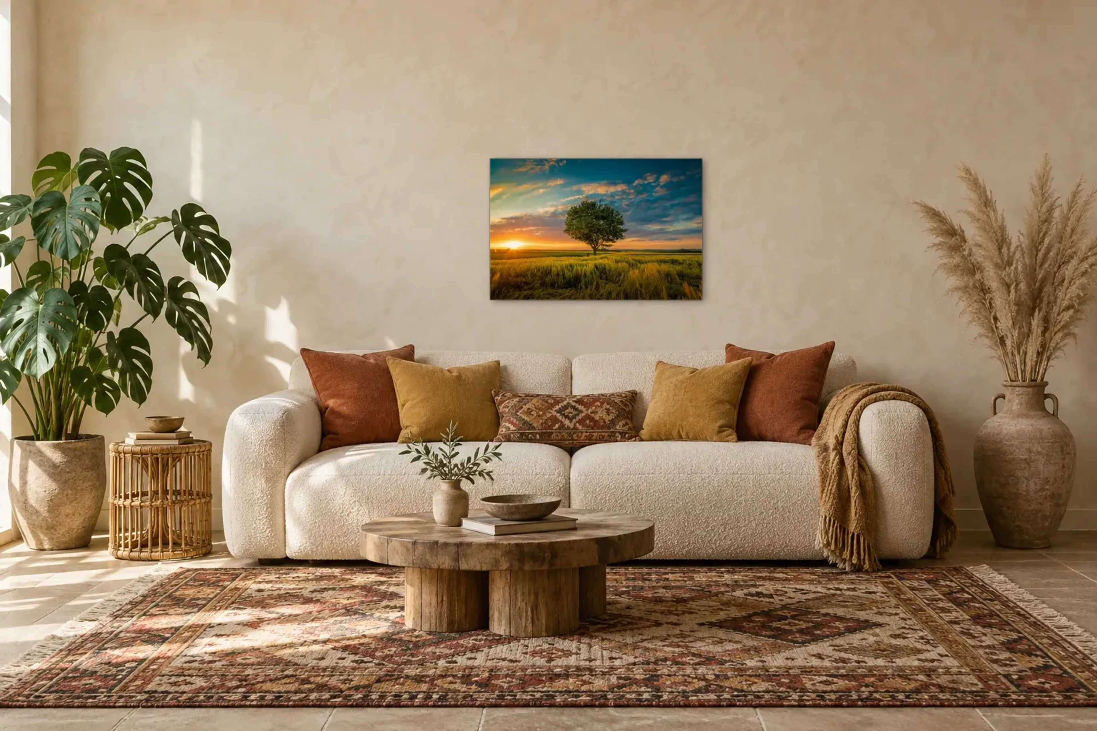 Baum im goldenen Feld als Wandbild über einem 220-cm-Sofa