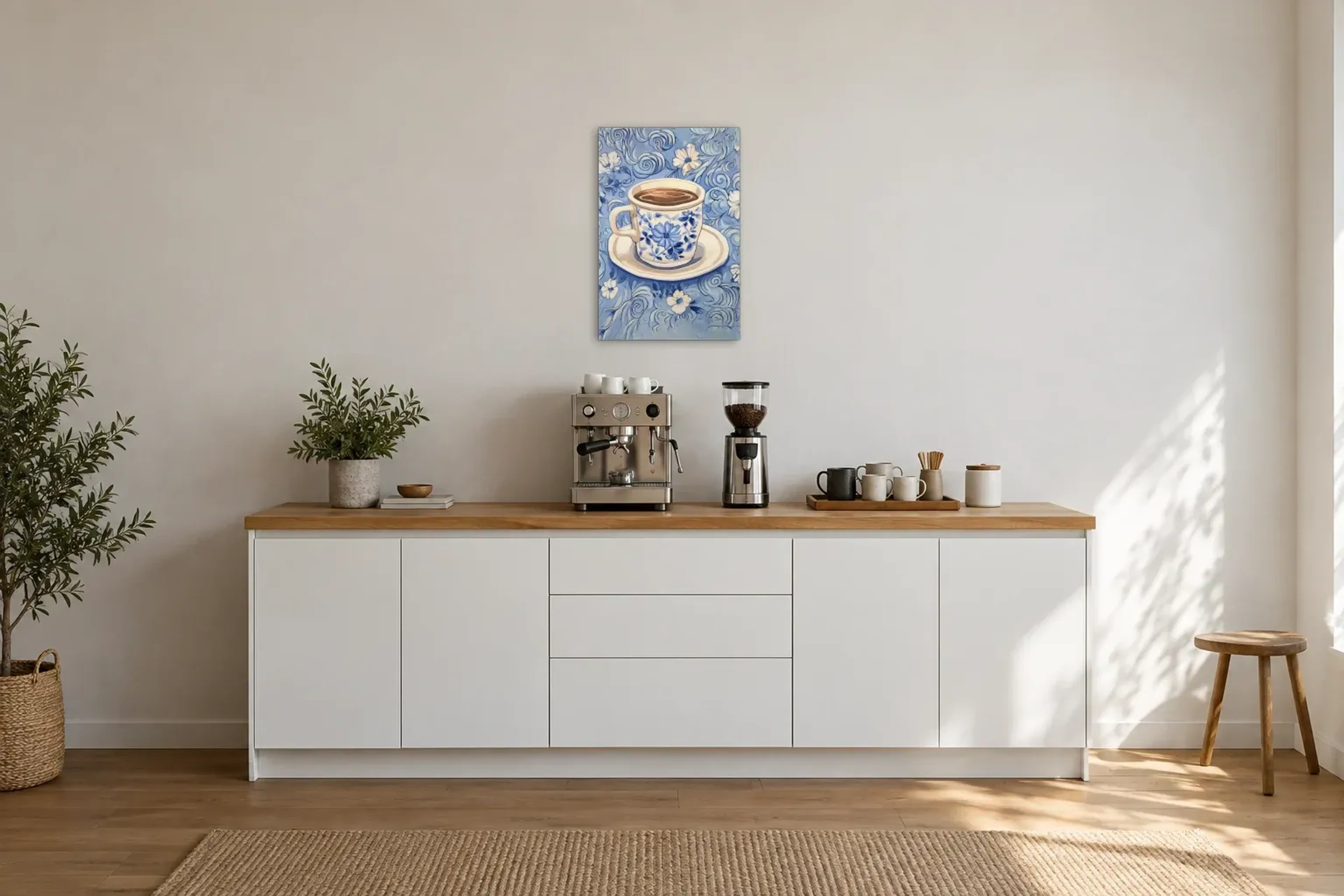 Kaffeetasse mit blauen Blüten als Wandbild über einer 200-cm-Arbeitsplatte