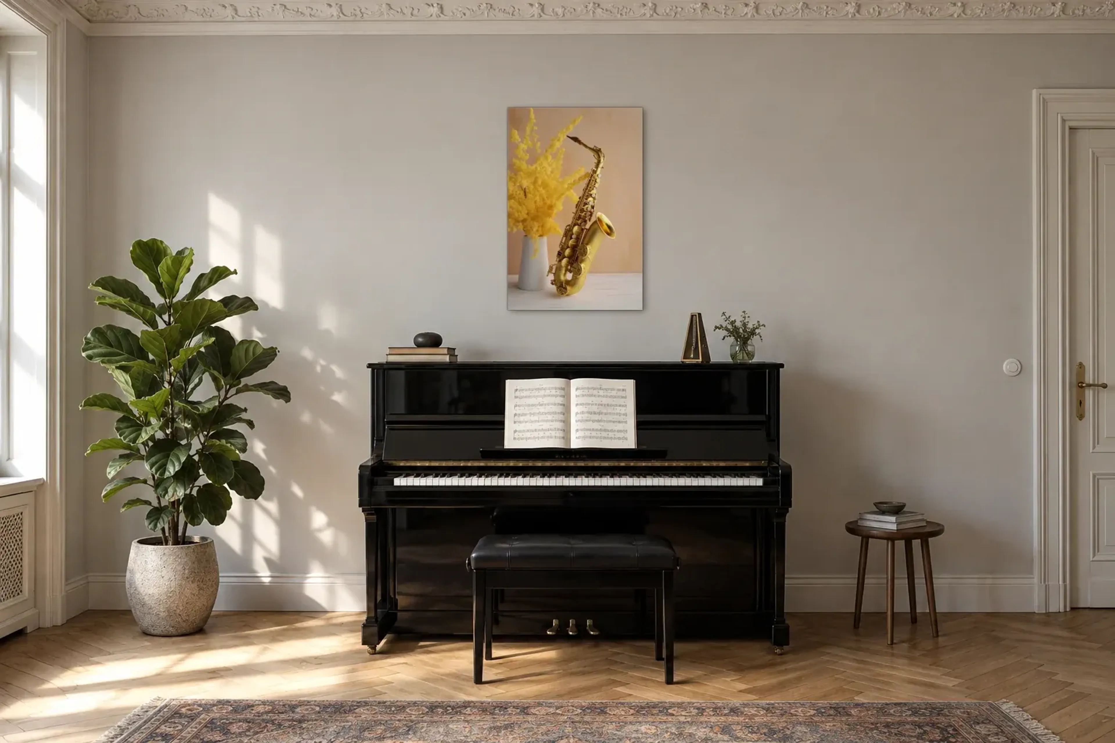 Saxophon in Gold als Wandbild über einem 150-cm-Klavier