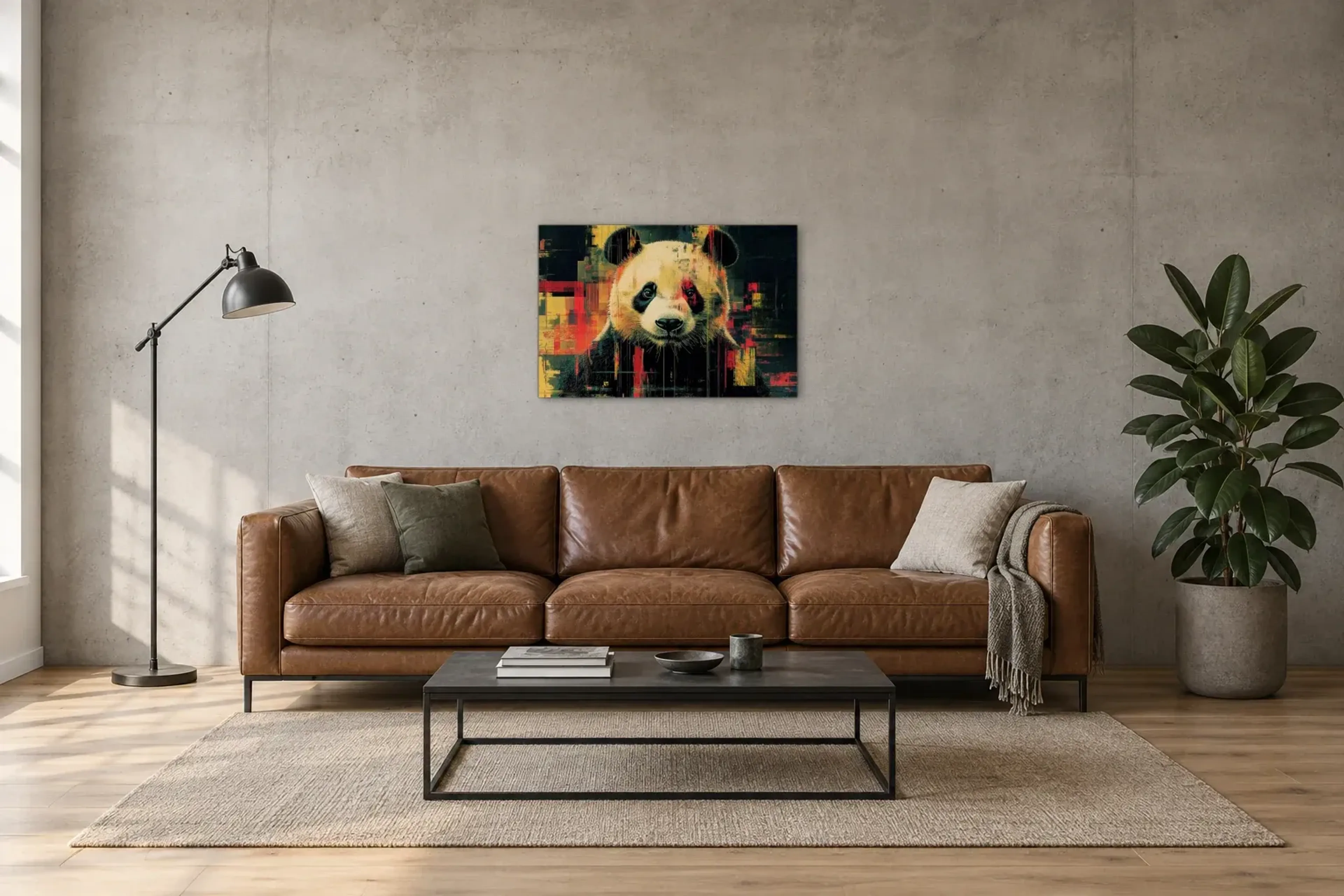 Panda im Farbgeflecht als Wandbild über einem 220-cm-Sofa