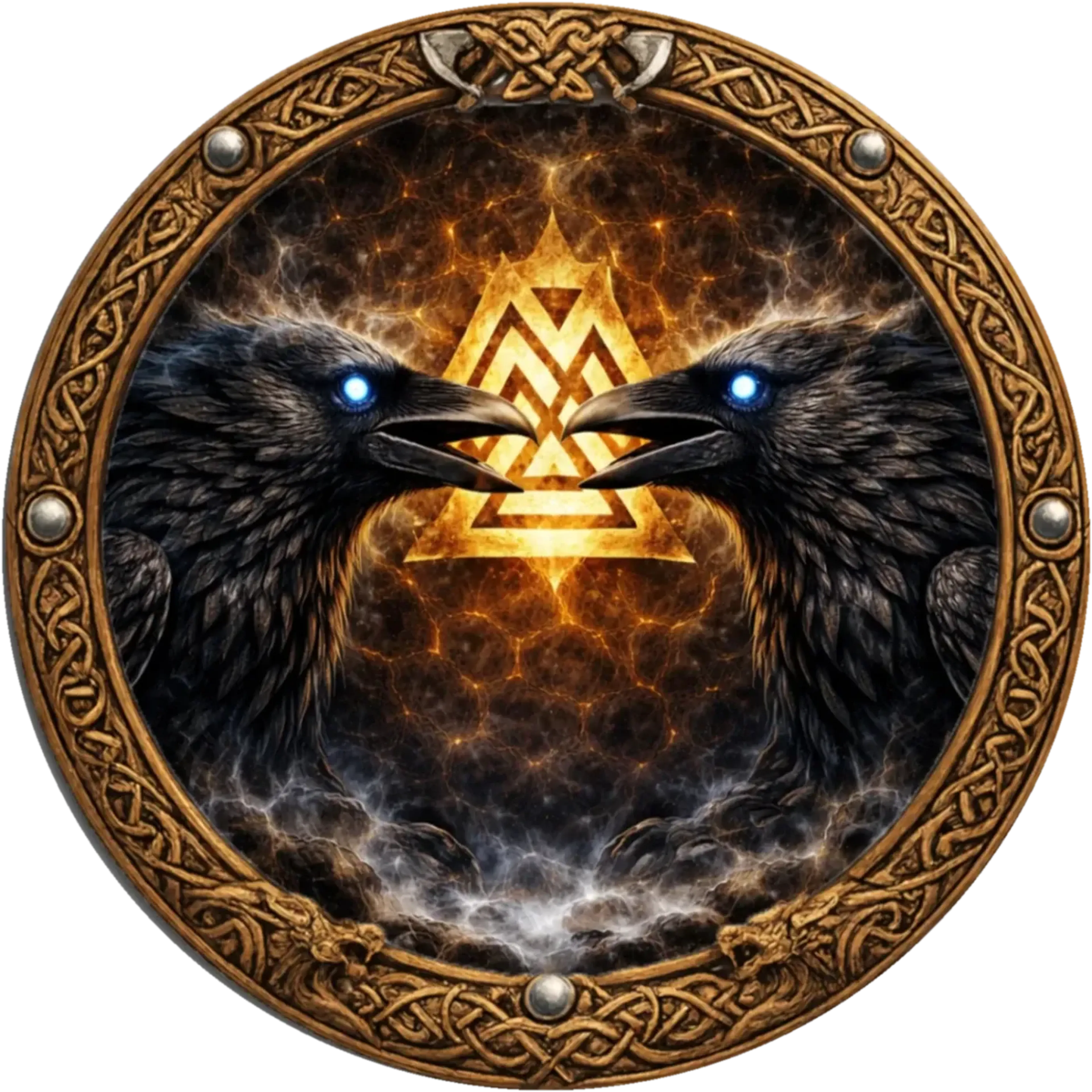 Zwei schwarze Raben mit blau leuchtenden Augen vor einem goldenen Dreieckssymbol in einer runden Ornamenteinfassung.