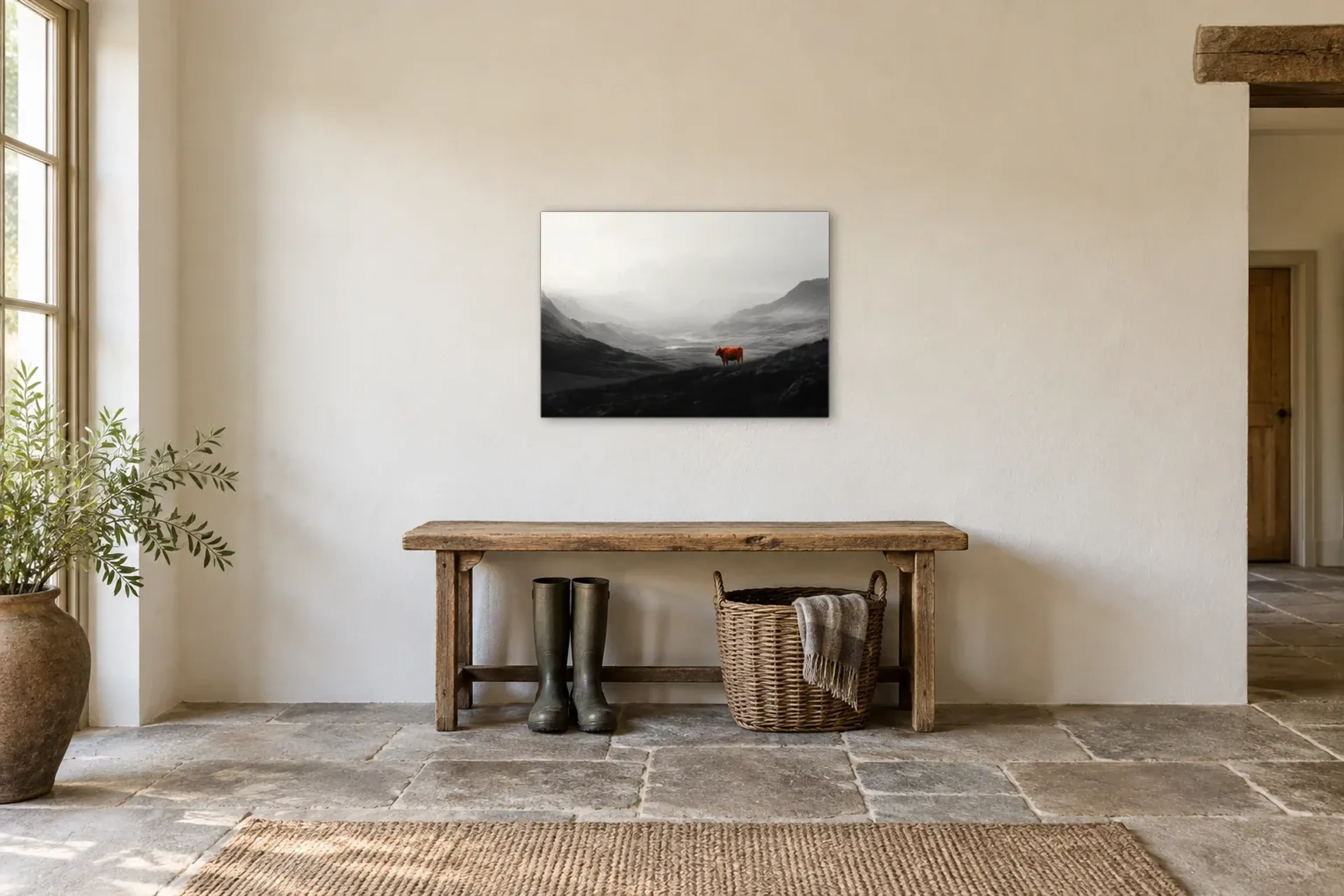 Hochlandrind im Nebeltal als Wandbild über einer 120-cm-Bank