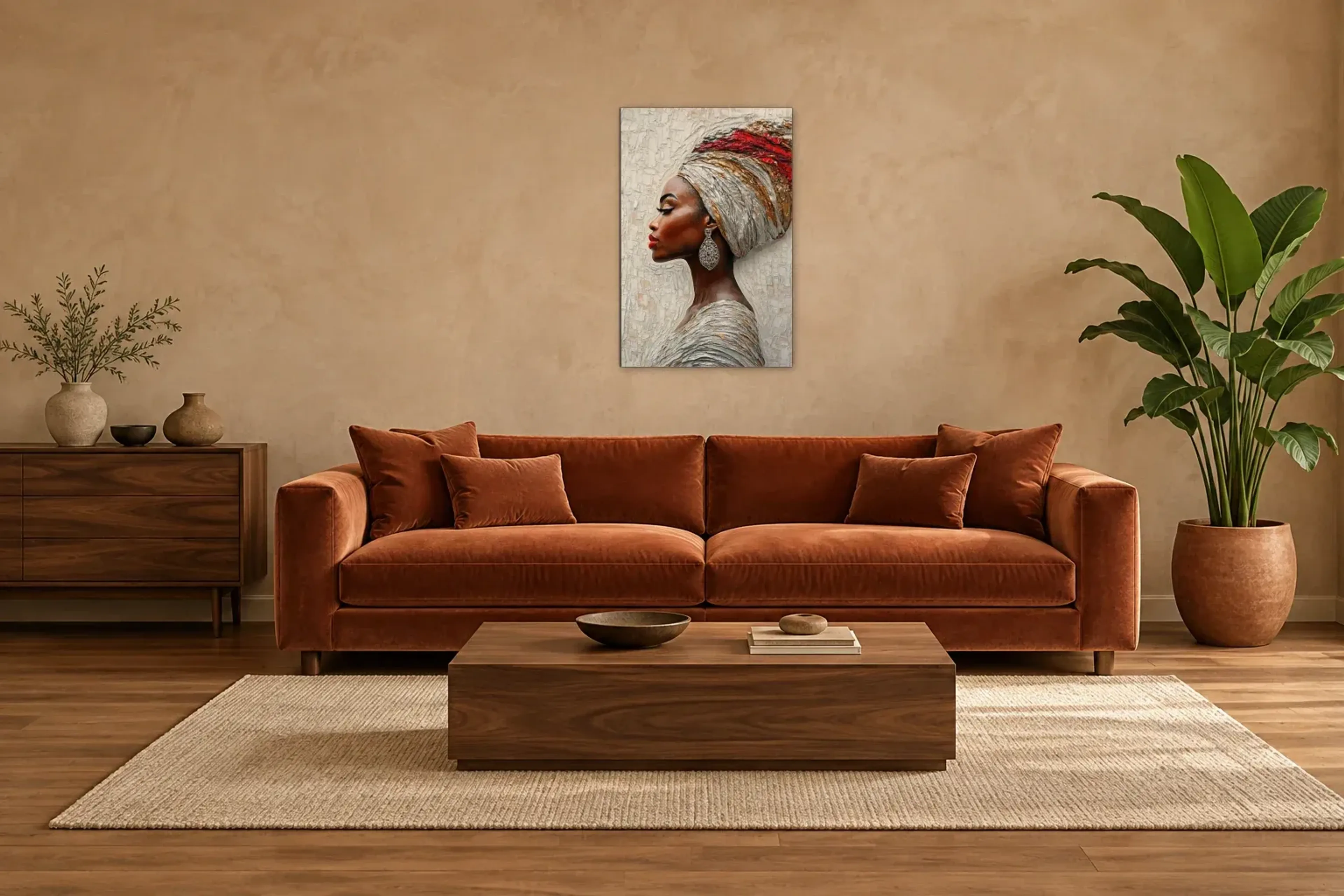 Porträt mit hellem Kopftuch als Wandbild über einem 220-cm-Sofa