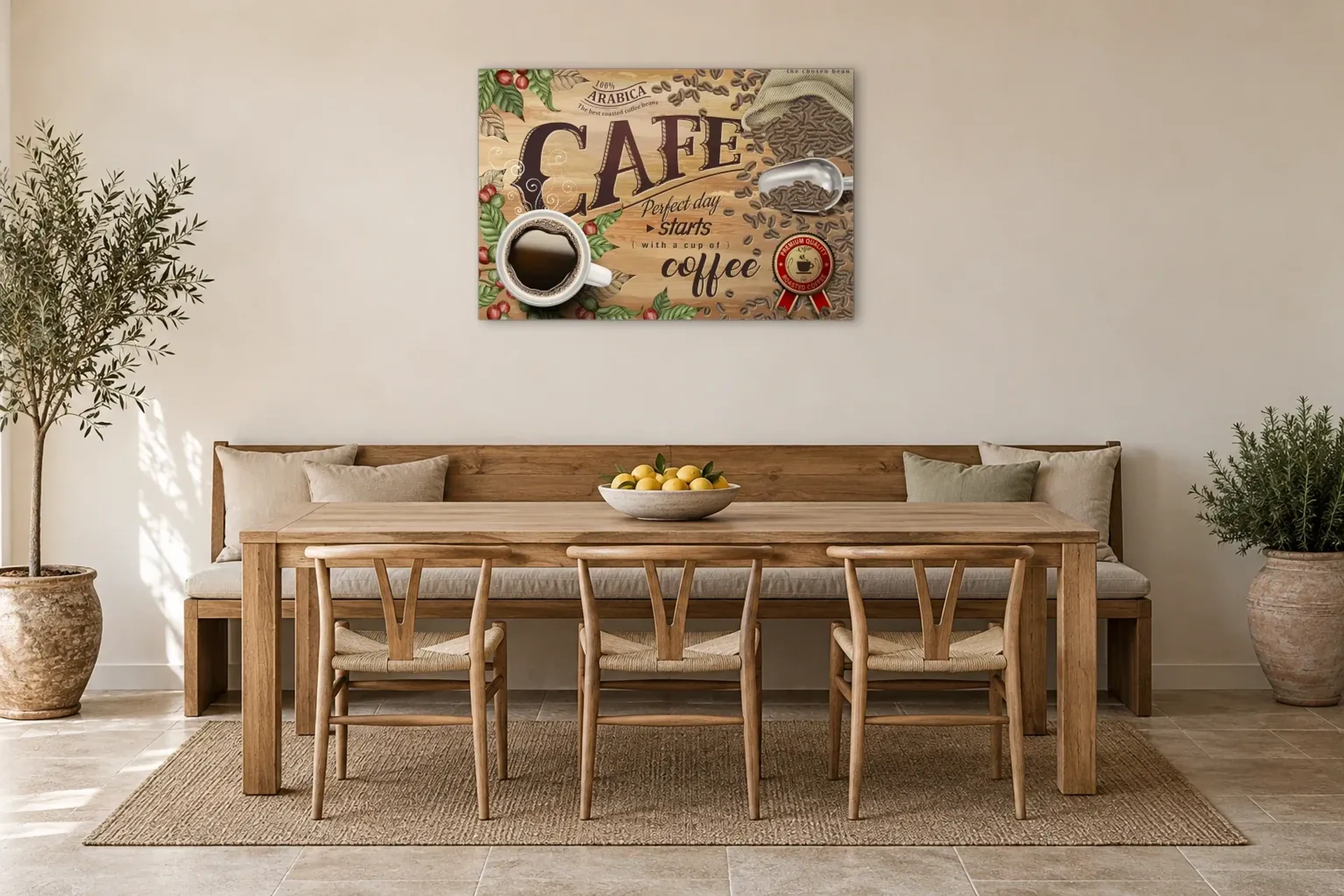 Kaffee-Schild als Wandbild über einer 200-cm-Sitzbank