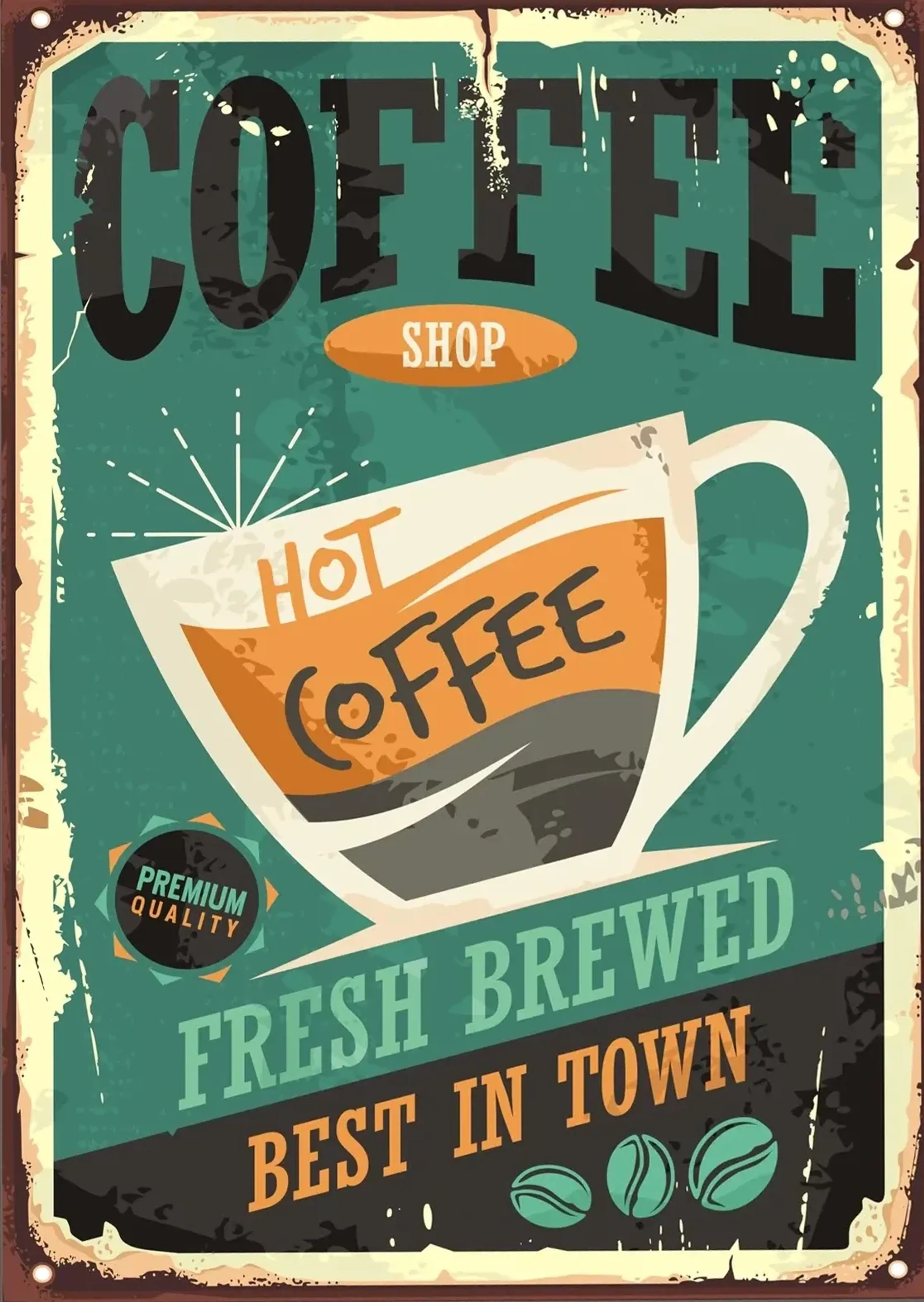 Creme-orange Kaffeetasse auf petrolgrünem Grund mit großem „Coffee“-Schriftzug und drei Kaffeebohnen.