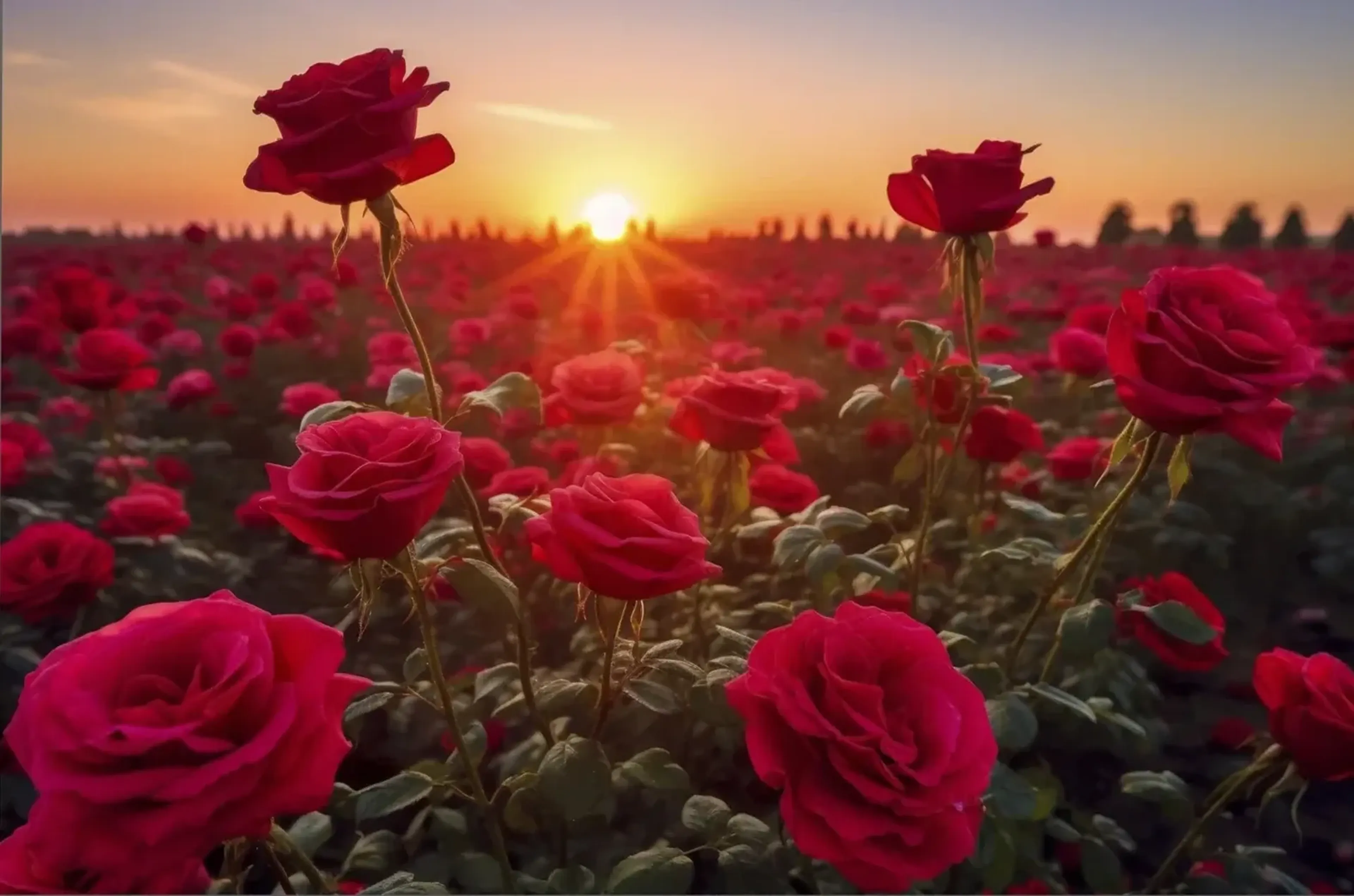 Rote Rosen auf einem weiten Feld bei Sonnenuntergang mit goldenen Strahlen und orange-rosa Himmel.