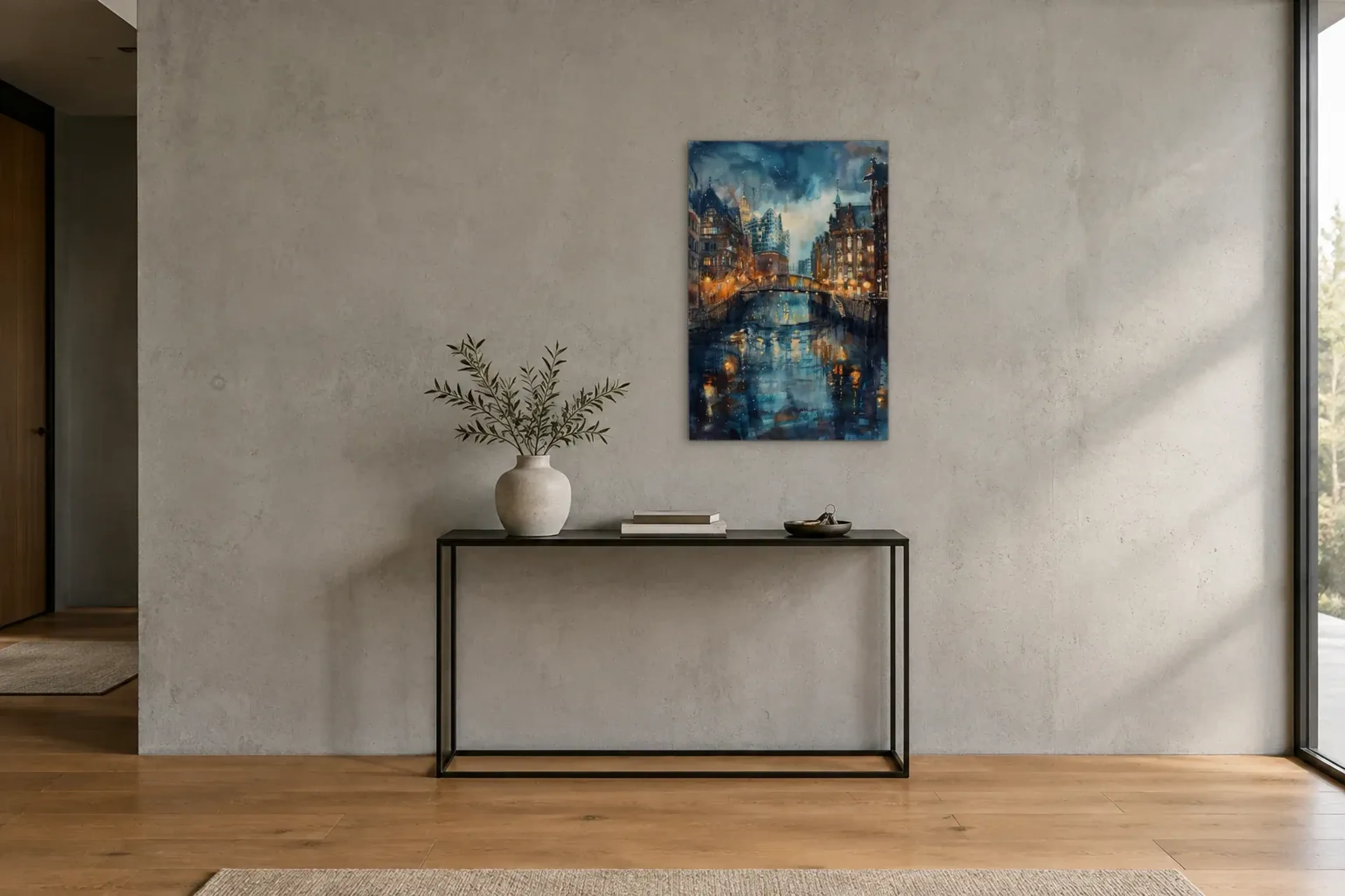 Abendlicht am Fleet als Wandbild über einer 120-cm-Konsole