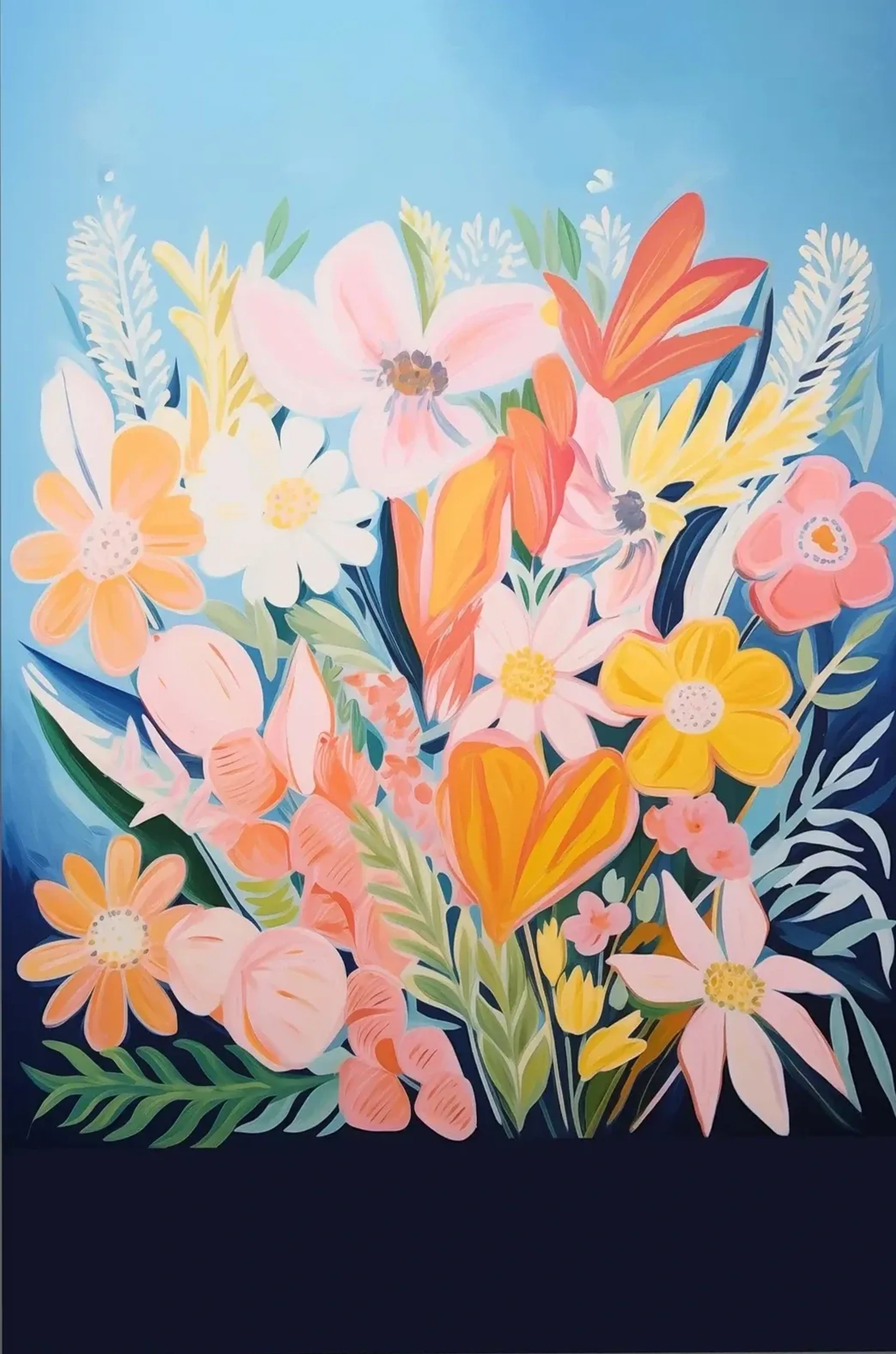 Bunte Blüten auf Blau – Motiv als Wandbild auf Holz