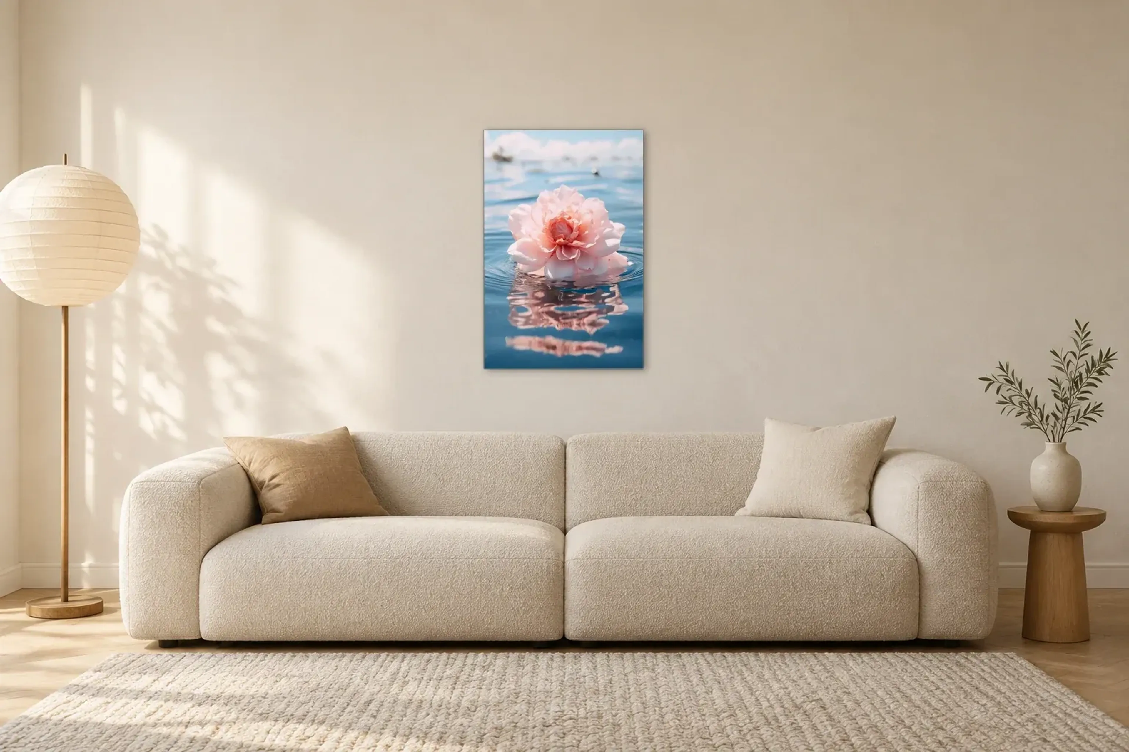 Blüte rosa im Wasser als Wandbild über einem 230-cm-Sofa