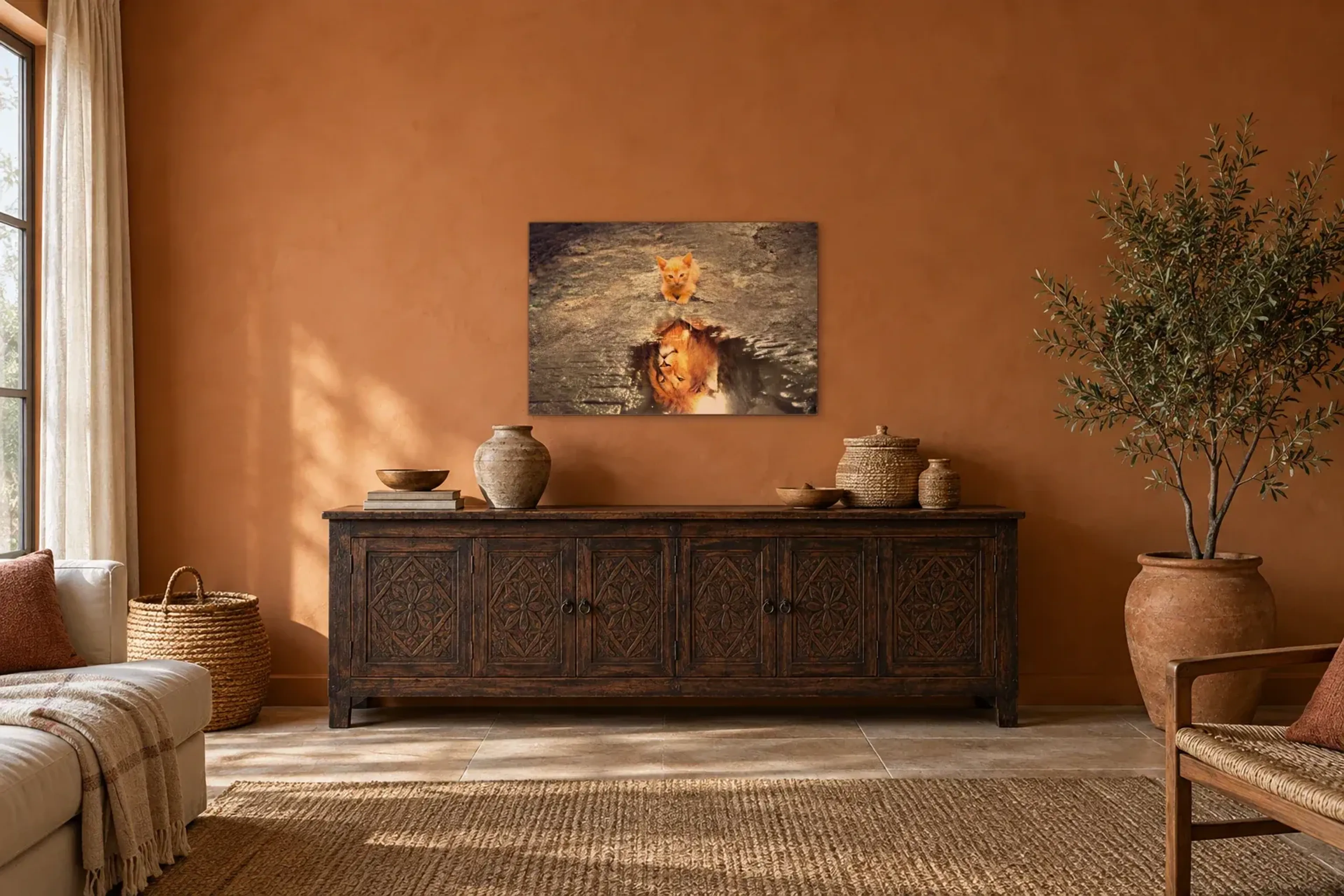 Kätzchen mit Löwenspiegelung als Wandbild über einem 180-cm-Sideboard