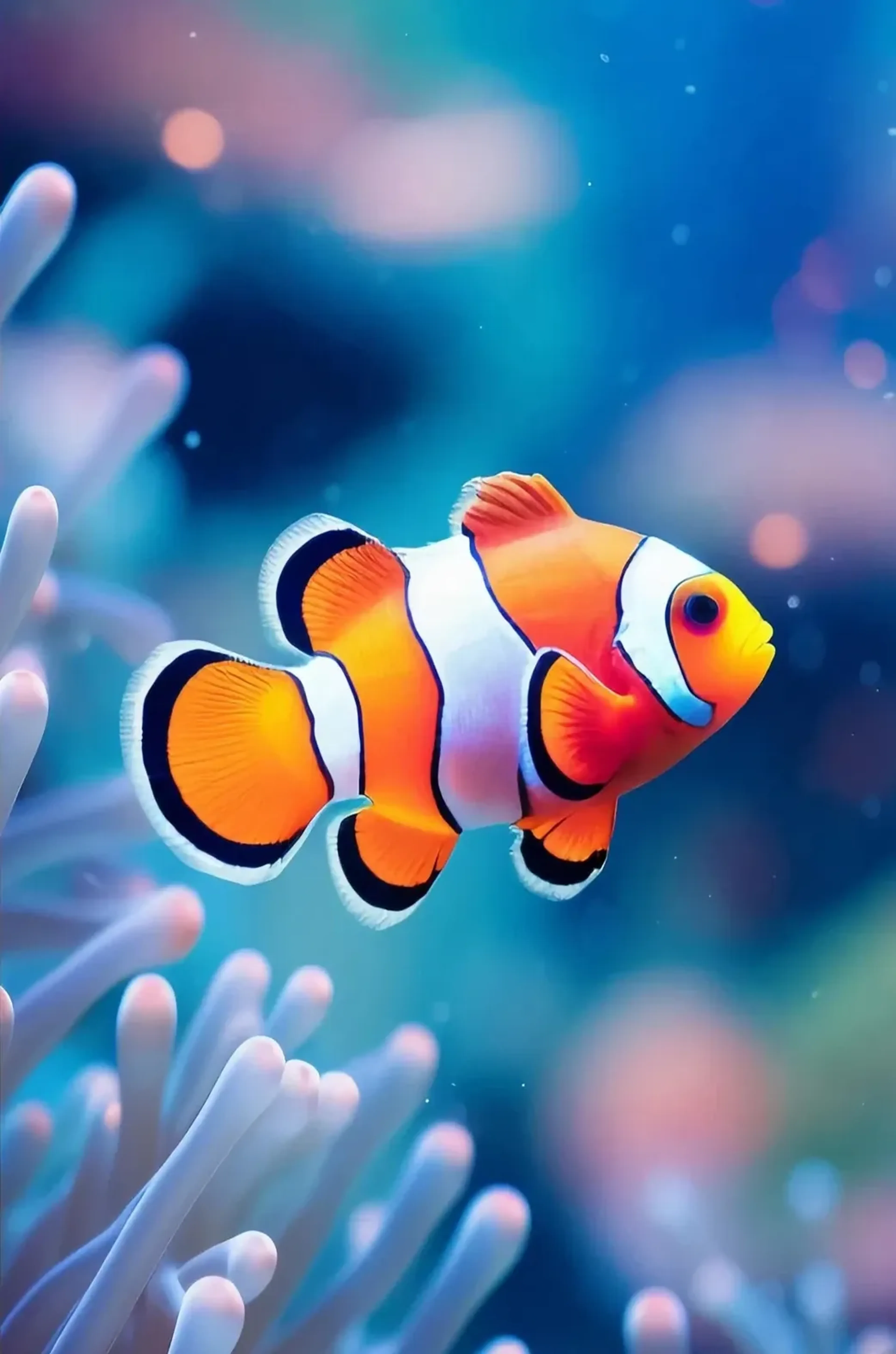 Orange-weißer Anemonenfisch zwischen hellen Tentakeln vor einem weichen Hintergrund in Blau, Türkis und Rosa.