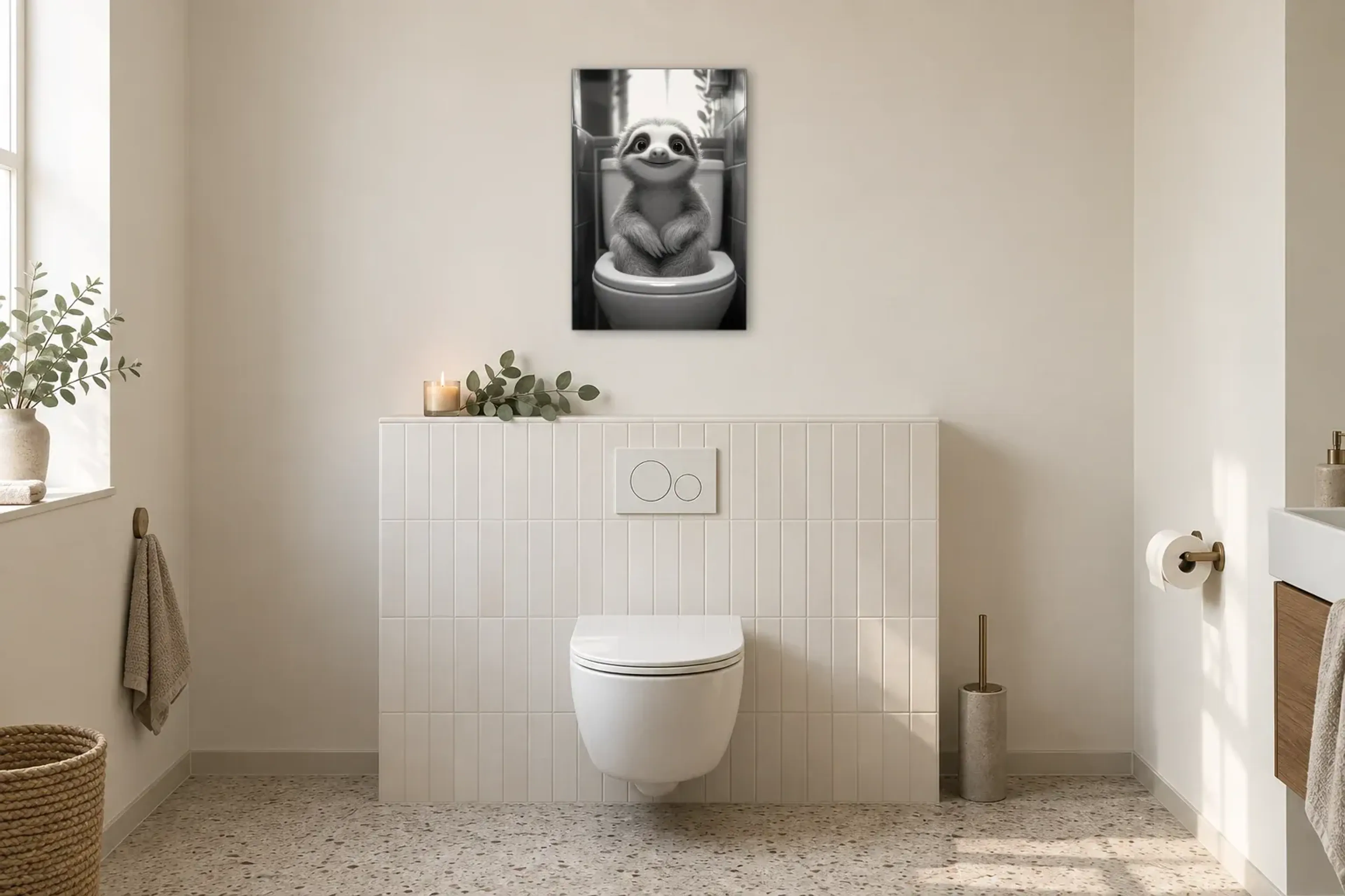 Entspanntes Faultier als Wandbild im Gäste-WC