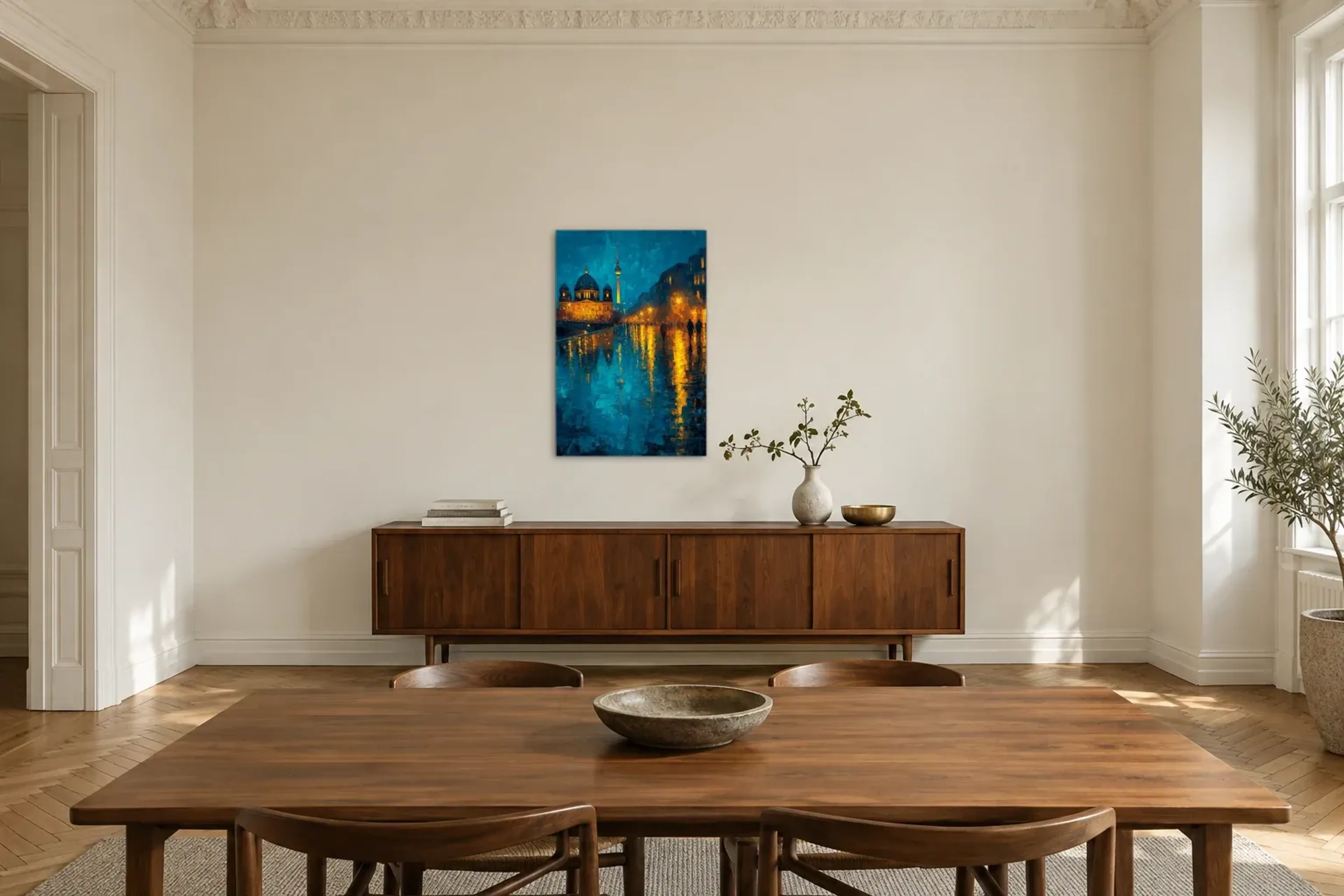 Berliner Lichter im Regen als Wandbild über einem 200-cm-Sideboard